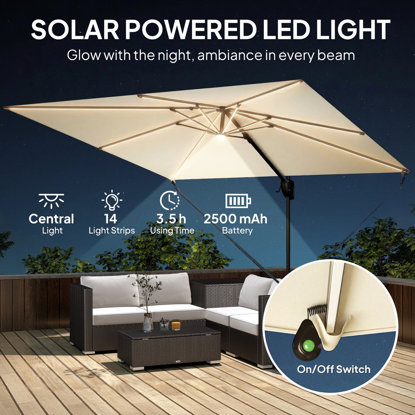 Outsunny 3 x 3 m Garden Cantilever Parasol w/ Light, Cover, UPF50+ Patio Umbrella w/ Wind Protection, 360Â° Rotation, Cream White