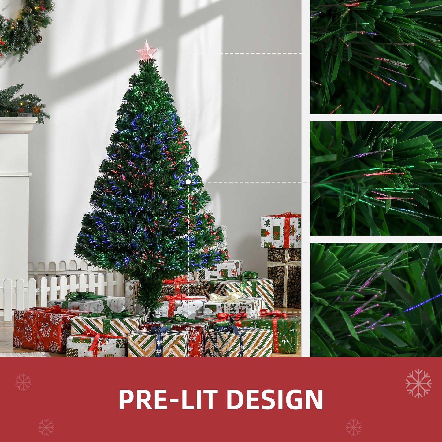 HOMCOM 4FT Pre-Lit Fibre Optic Artificial Christmas Tree Holiday Xmas DÃ©cor with Tree Topper Multi-Colour