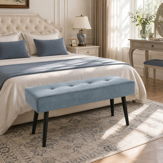 HOMCOM Upholstered Bedroom Entryway Bench, Modern Corduroy Tufted End of Bed Bench with Padded Seat and Steel Legs, Blue
