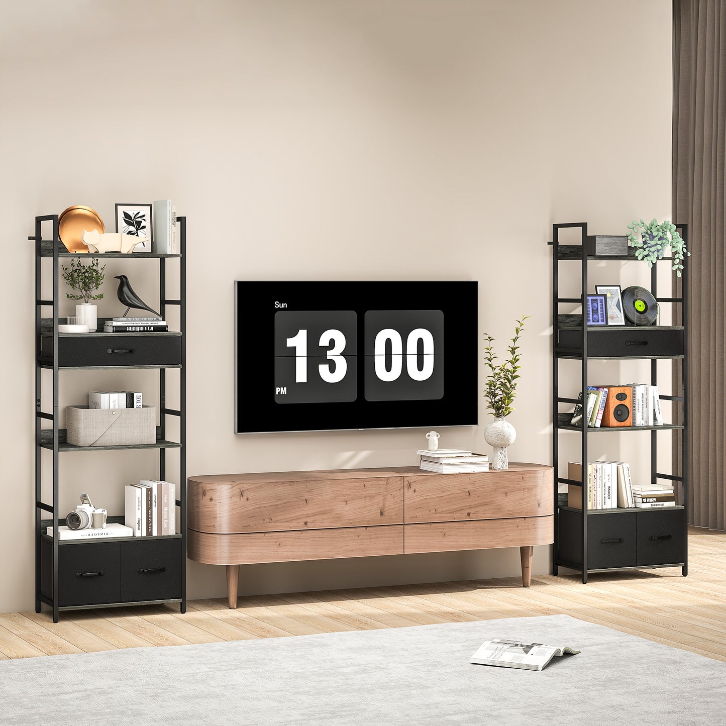 HOMCOM Industrial Style Bookcase, with 4 Shelves and 3 Fabric Drawers - Grey/Black