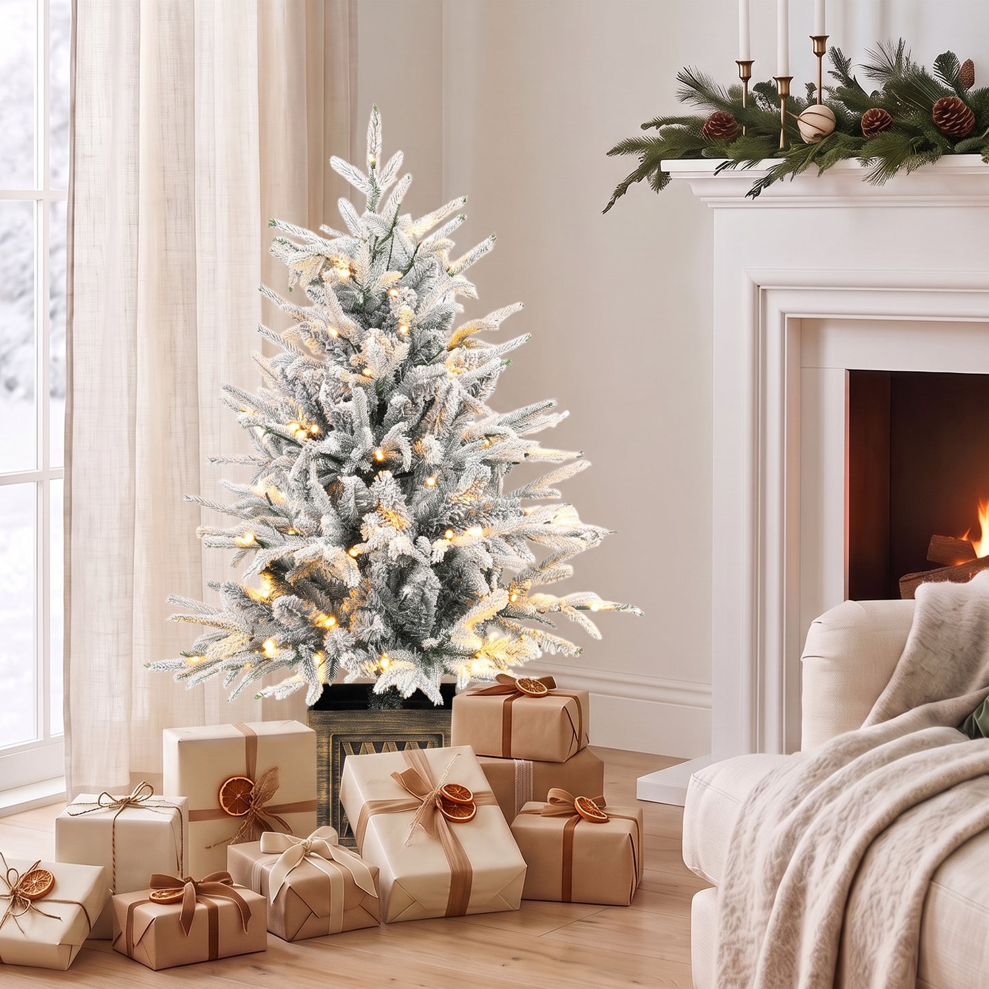 HOMCOM 90 cm Prelit Flocked Table Christmas Tree, Artificial Christmas Tree with 70 Warm White LED Lights, 488 Tips, Green