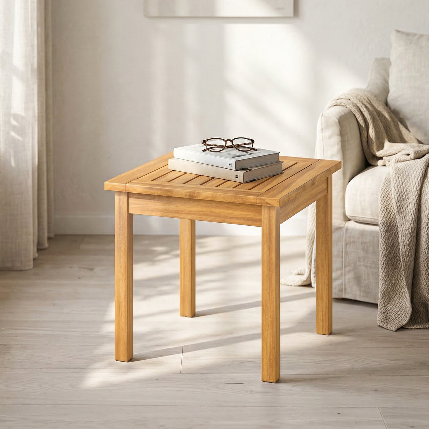 Outsunny Coffee Table Fully Assembled Patio Side Table Slatted Top Solid Acacia Wood for Indoor Outdoor Natural Wood