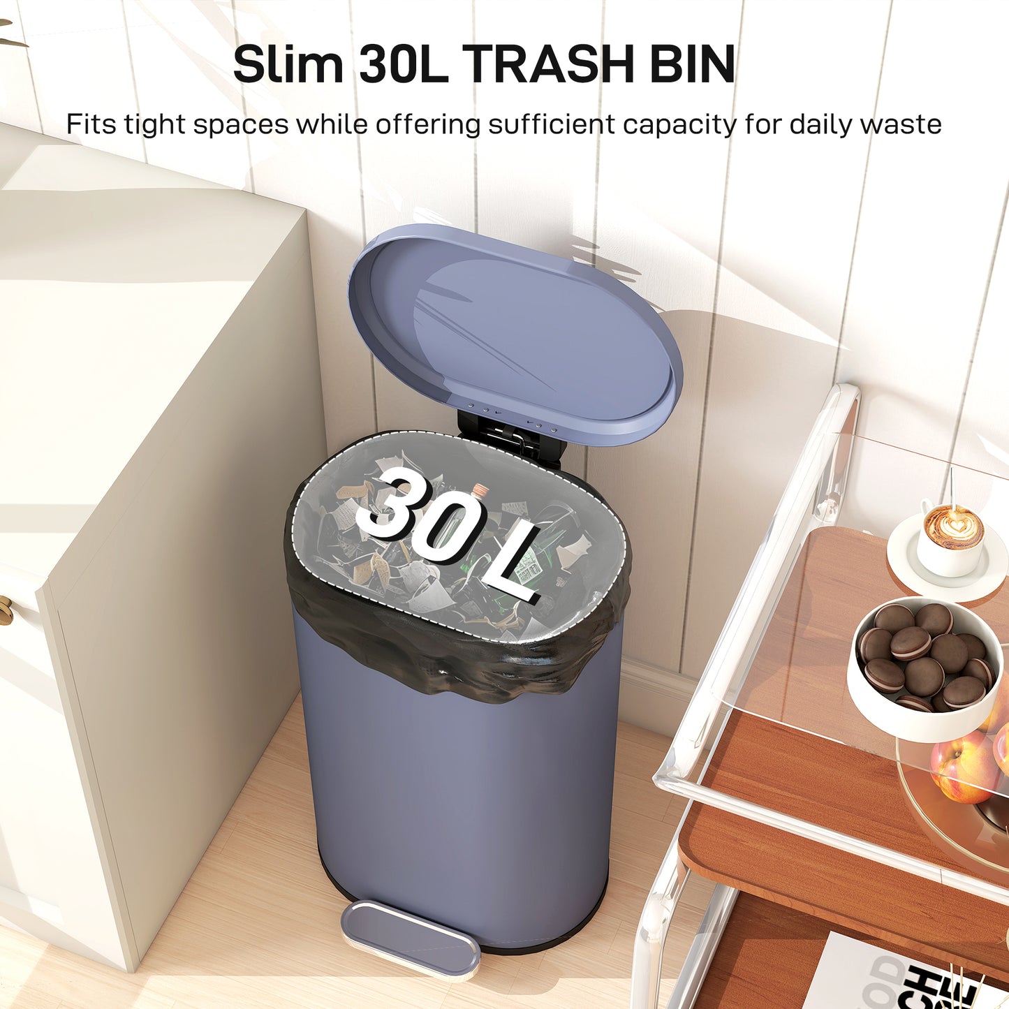 HOMCOM 30L Kitchen Bin with 90° Stay-Open Lid, Slim Rectangular Pedal Bin with Soft-Close Lid, Removable Inner Bucket for Home Office, Fingerprint-Resistant, Grey