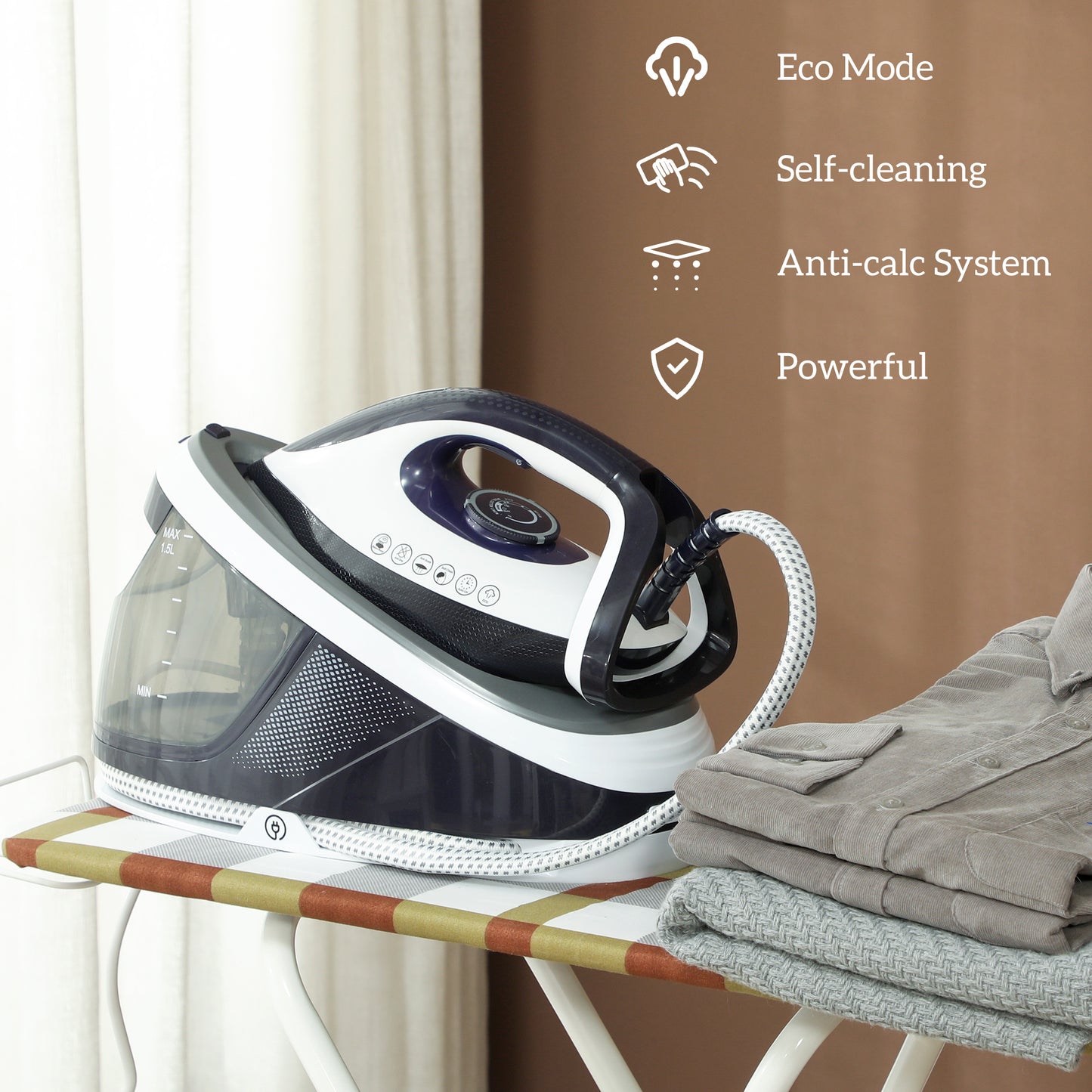 HOMCOM Steam Generator Iron, Energy-Saving, Self-Cleaning, Powerful Vertical Steam, Automatic Shut-Off, Ceramic Non-stick Soleplate, Large 1.5L Detachable Water Tank, 8 Bar, c, Blue