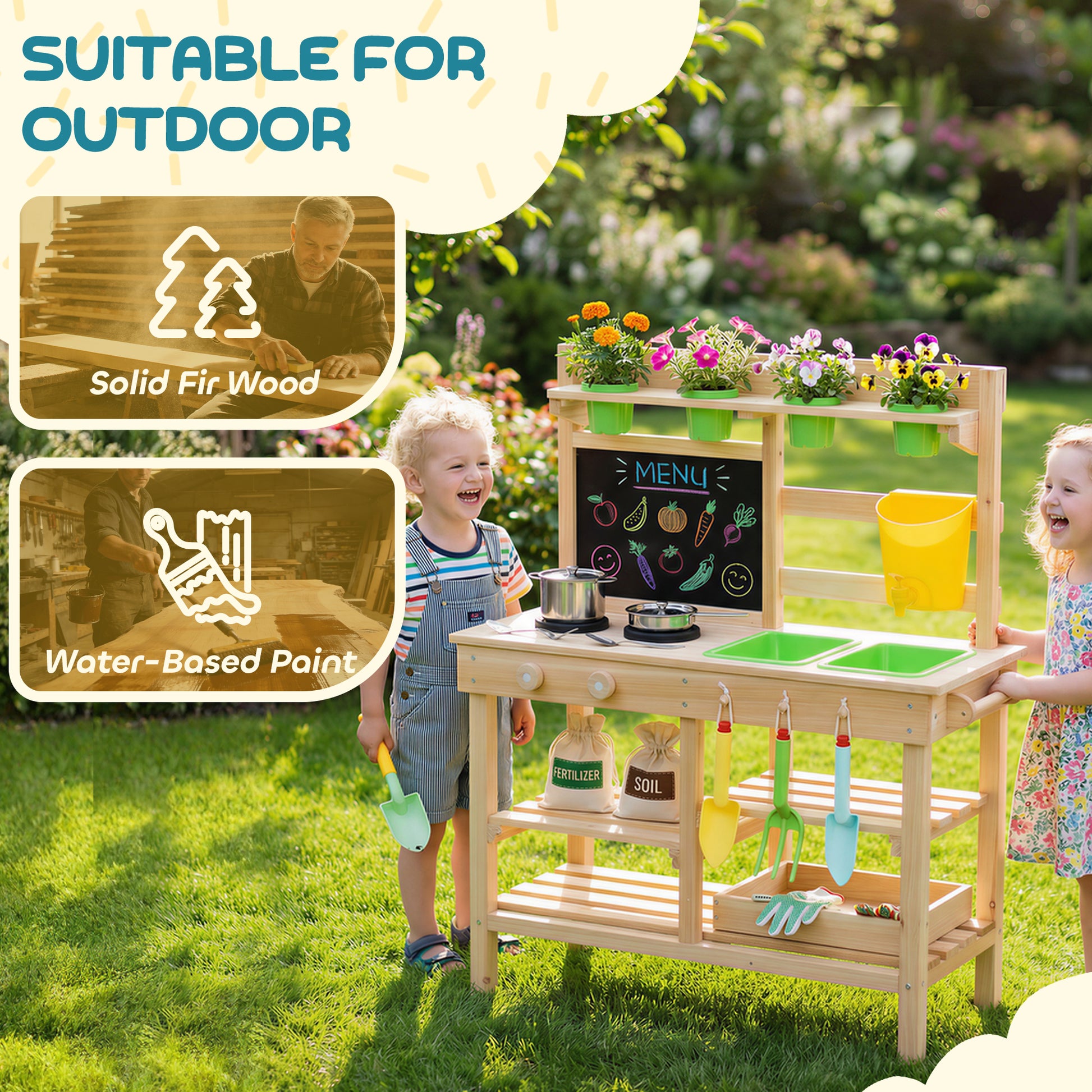 AIYAPLAY Kids Mud Kitchen, Outdoor Wooden Play Kitchen with Kitchenware & Garden Tools, Pretend Play Outdoor Toys, Natural