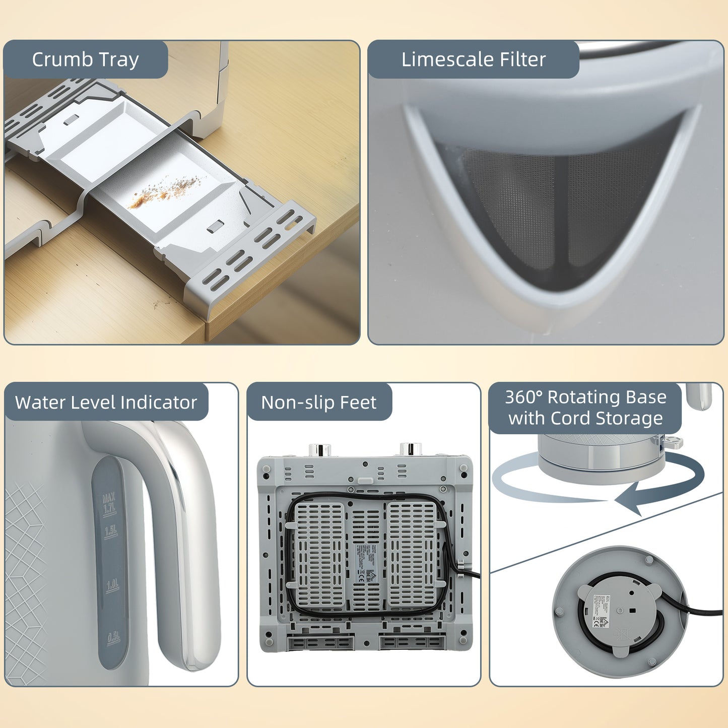 HOMCOM Sleek Textured Kettle and Four-Slice Toaster Set - Grey