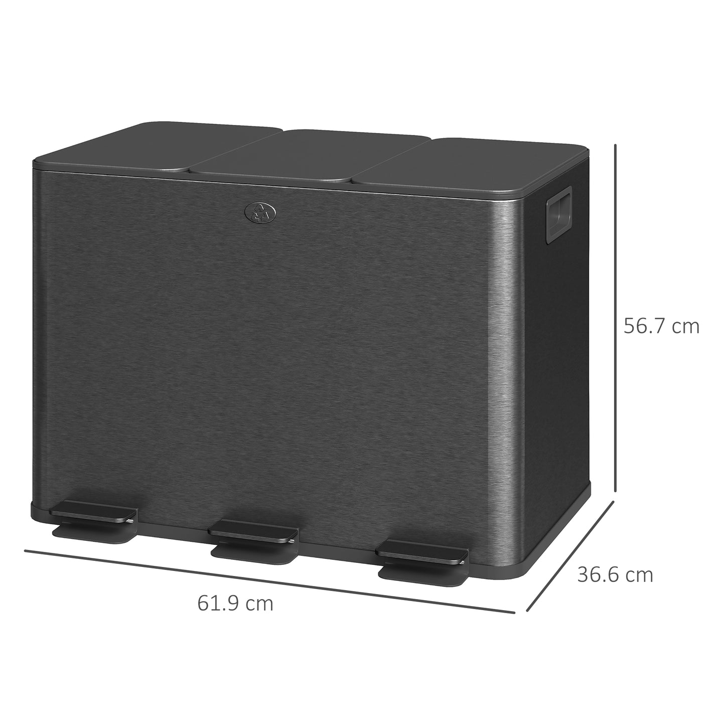 HOMCOM 3 x 20L Pedal Bin, Steel Triple Kitchen Bin with Soft Close Lid, Removable Inner Buckets, Fingerprint-Proof, Black