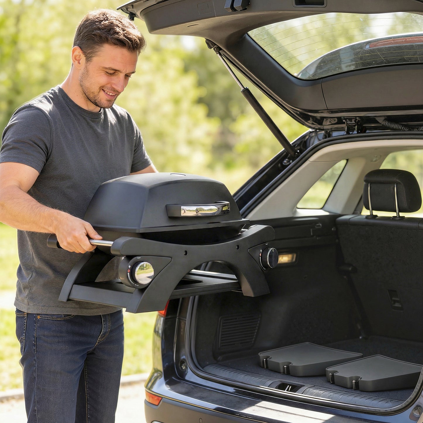 Outsunny 2 Burner Gas Grill with 2 Detachable Side Tables, 3.8 KW Steel Barbecue Grill with Cast Iron Grates, Lid, Thermometer