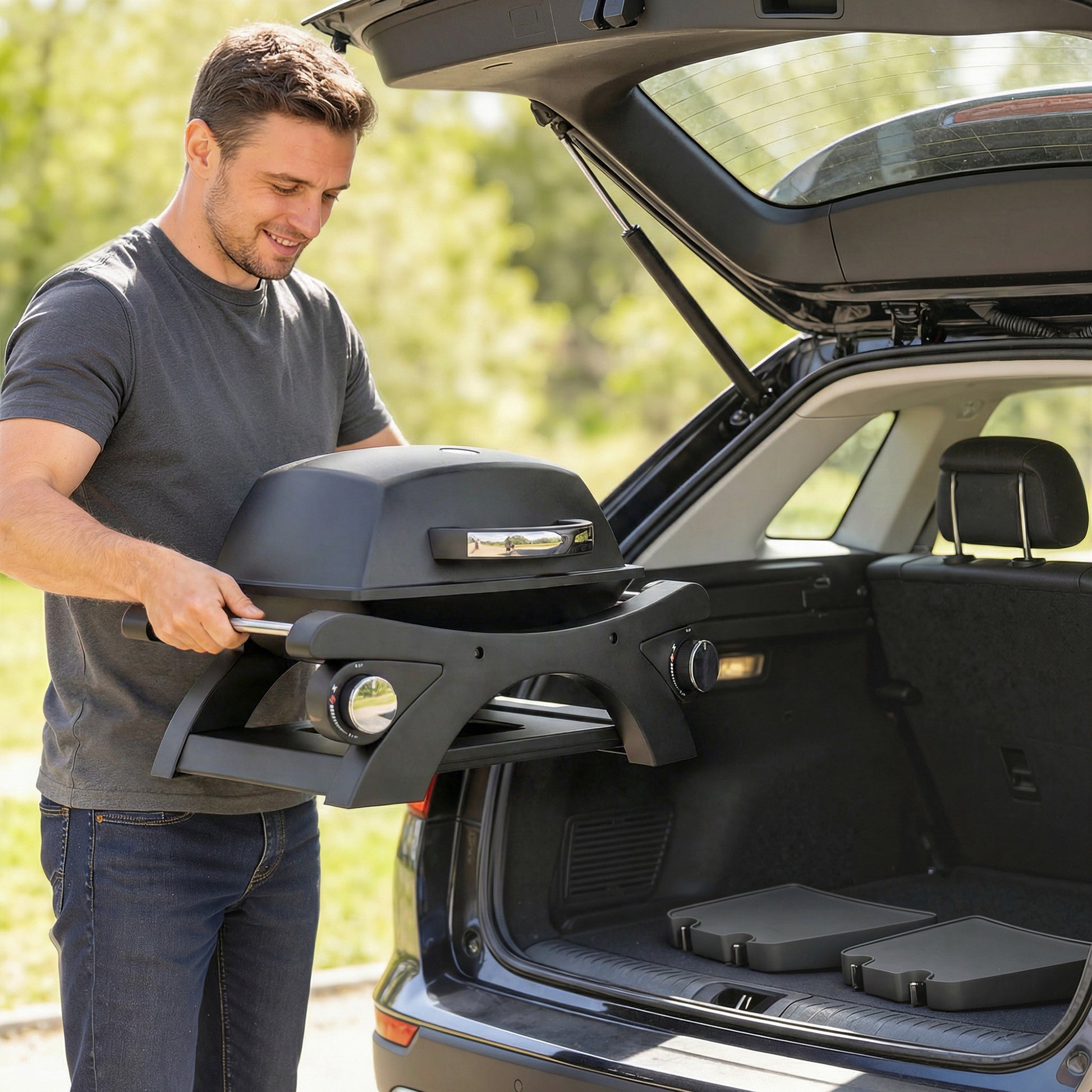 Outsunny 2 Burner Gas Grill with 2 Detachable Side Tables, 3.8 KW Steel Barbecue Grill with Cast Iron Grates, Lid, Thermometer