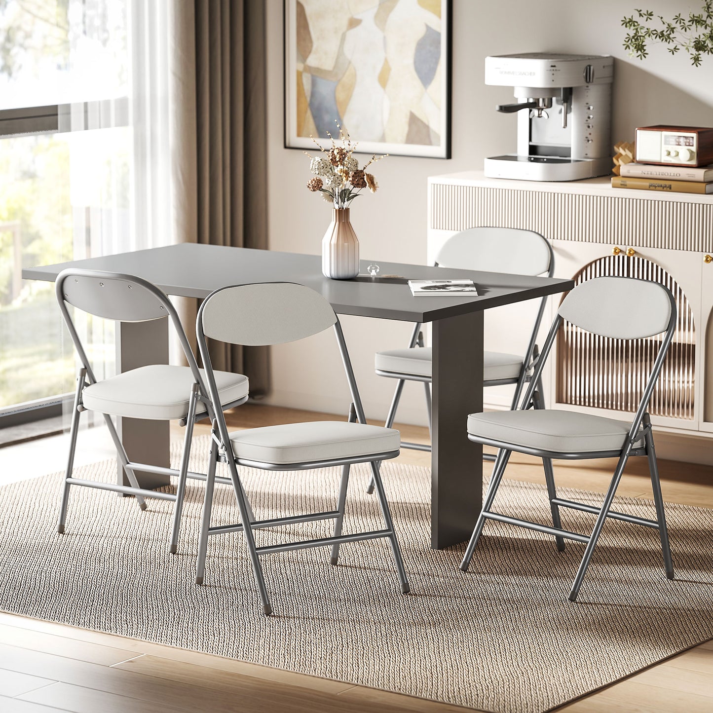 HOMCOM Set of Four Folding Corduroy Seat Chairs, Cream