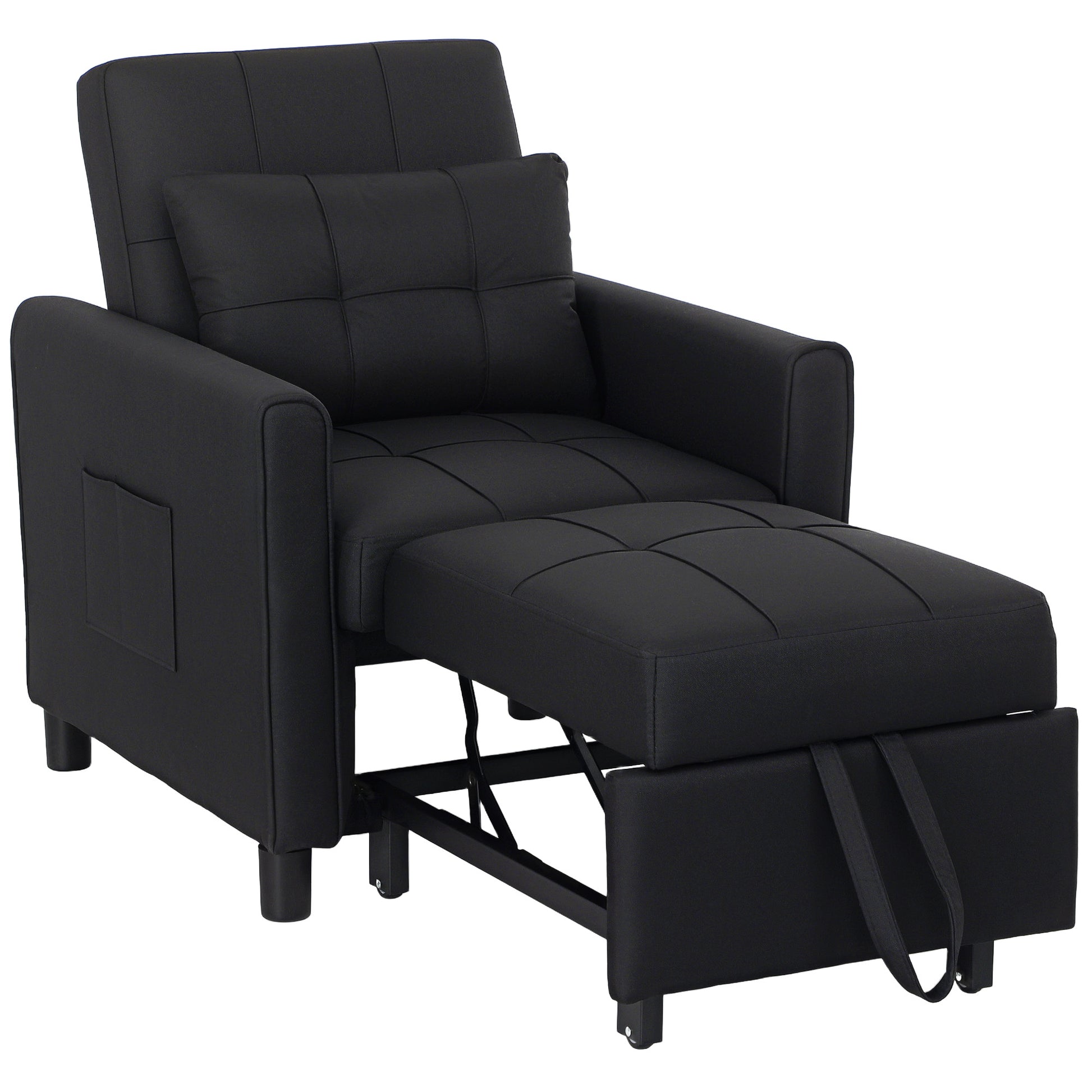 HOMCOM 3-In-1 Linen-Look Single Chair Bed with 11cm Thick Adjustable Back & Eucalyptus Wood Sofa Frame - Black