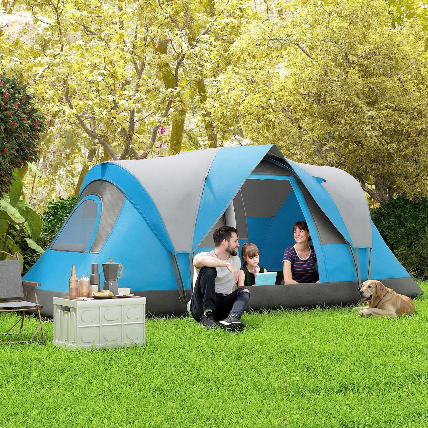 Outsunny 5 Man Camping Tent, Large Tunnel Tent, Water Resistant Hiking Shelter with Groundsheet and Carry Bag, Light Blue