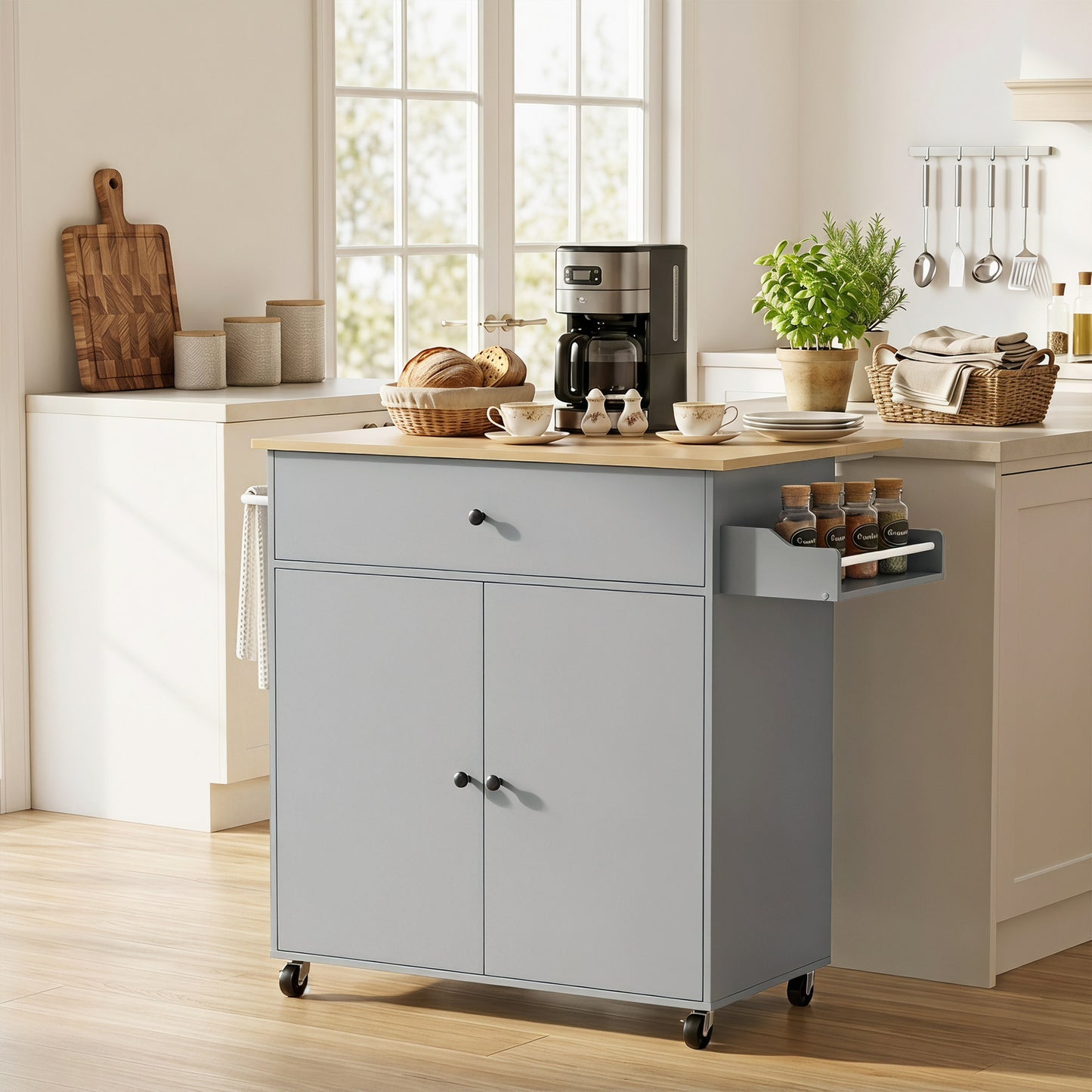 HOMCOM Kitchen Island with Drop Leaf, Rolling Kitchen Storage Trolley on Wheels with Drawer, Spice Rack and Towel Rack, Grey