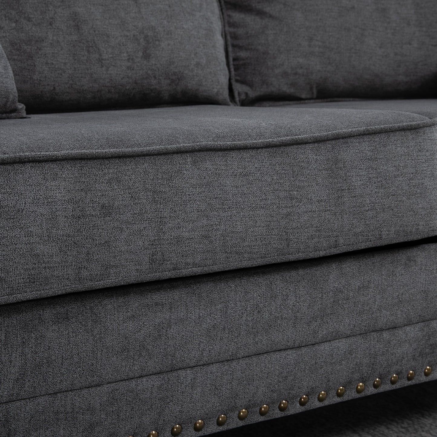 HOMCOM 196cm 3 Seater Sofa, Fabric Sofa with Rubber Wood Legs, Nailhead Trim, 2 Pillows, Small Upholstered Couch Settee for Living Room, Guest Room, Grey
