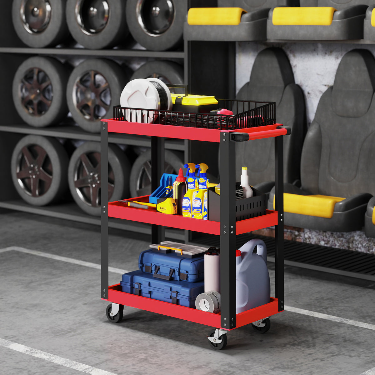 HOMCOM Tool Utility Cart Heavy Duty Tool Trolley Rolling with Brake Swivel Castors 3 Shelves Black Red