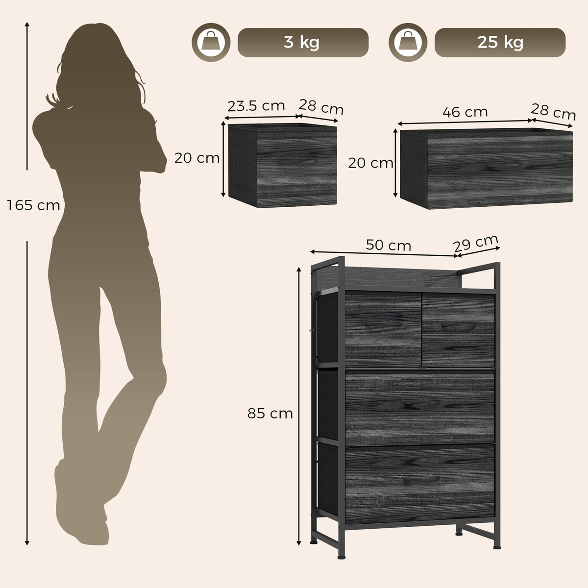 HOMCOM Rustic Chest of Four Fabric Drawers - Black Wood Effect