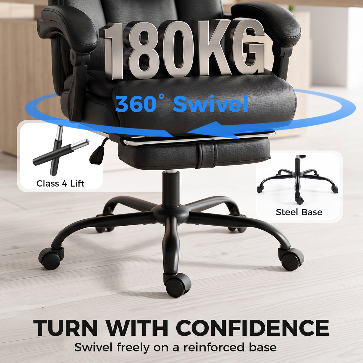 HOMCOM Executive Office Chair, 180kg Big and Tall PU Desk Chair with Linked Armrests, Pocket Spring Cushion, Adjustable Height, Rocking Function, 165Â° Reclining Backrest, Footrest, PU Casters, Black