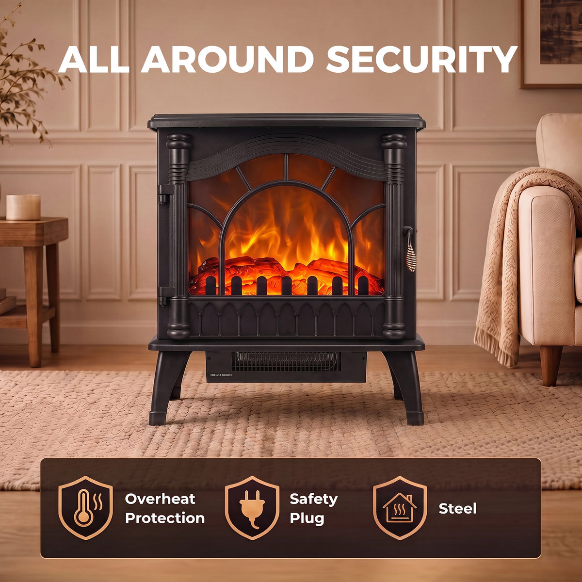 HOMCOM 3-Sided Glass Electric Fire Fan Heater, Electric Fireplace Stove Freestanding Log Burner with Flame Effect, Black