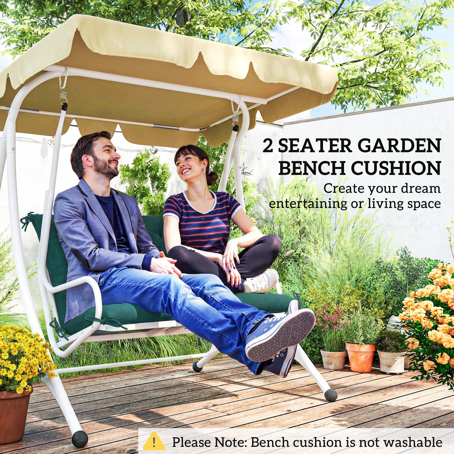Outsunny 2 Seater Bench Pad, Garden Chair Cushion with Back and Ties for Indoor and Outdoor Use, 98 x 100 cm, Green