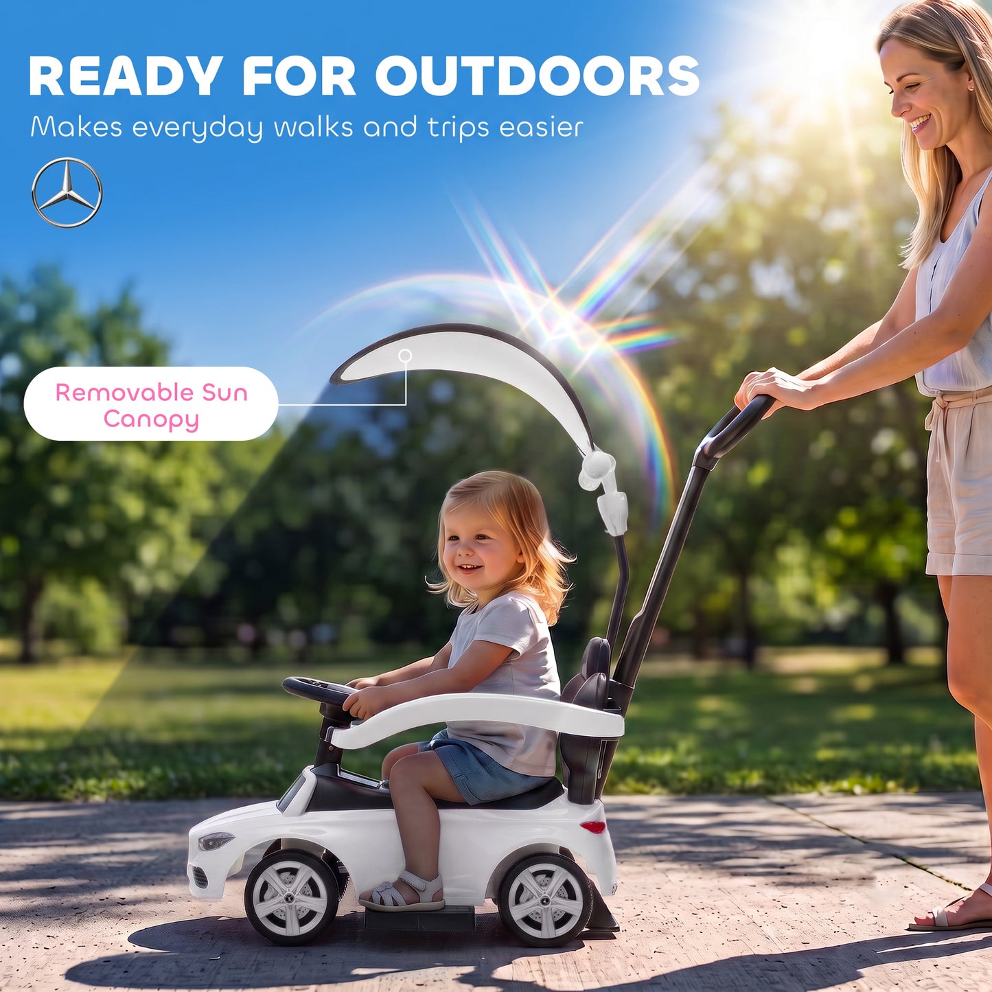 AIYAPLAY 3 in 1 Licensed Benz Ride on Push Car with Handle, Canopy, Guardrails, Horn, Music, Storage for 12-36 Months, White