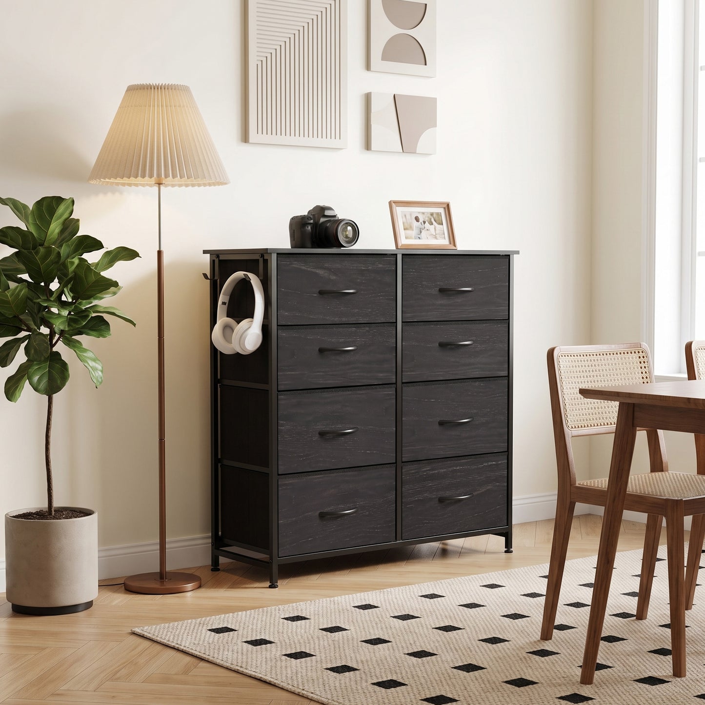 HOMCOM Chest of Drawers, Dresser with 8 Fabric Drawers, Tall Storage Unit with 4 Pockets and 2 Hooks Steel Frame, Black