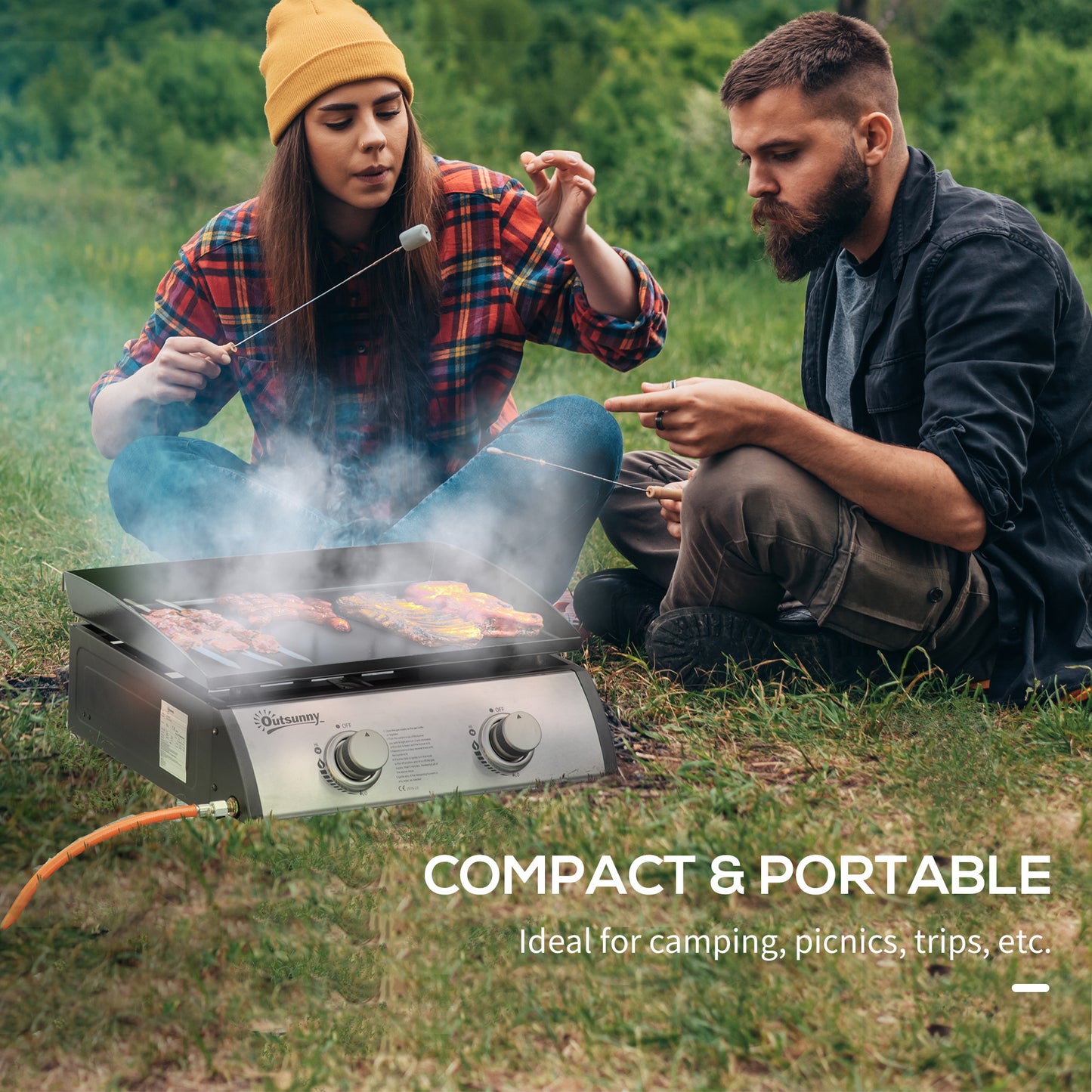 Outsunny Gas Plancha Barbecue Grill with 2 Stainless Steel Burner, 6kW, Portable Tabletop Gas BBQ with Non-Stick Griddle for Camping Picnic Garden Party Festival