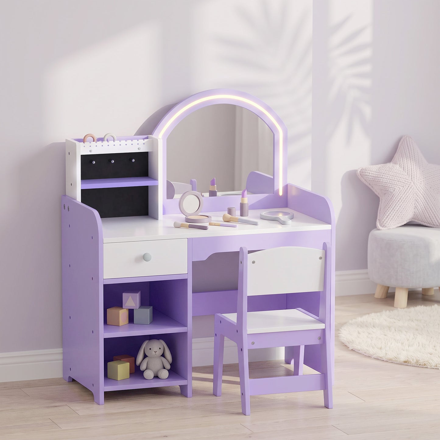 AIYAPLAY Kids Vanity Set, Girls Dressing Table with Stool, 2-Colour Lights Mirror, Pretend Dresser Gift for Ages 3-8, Purple