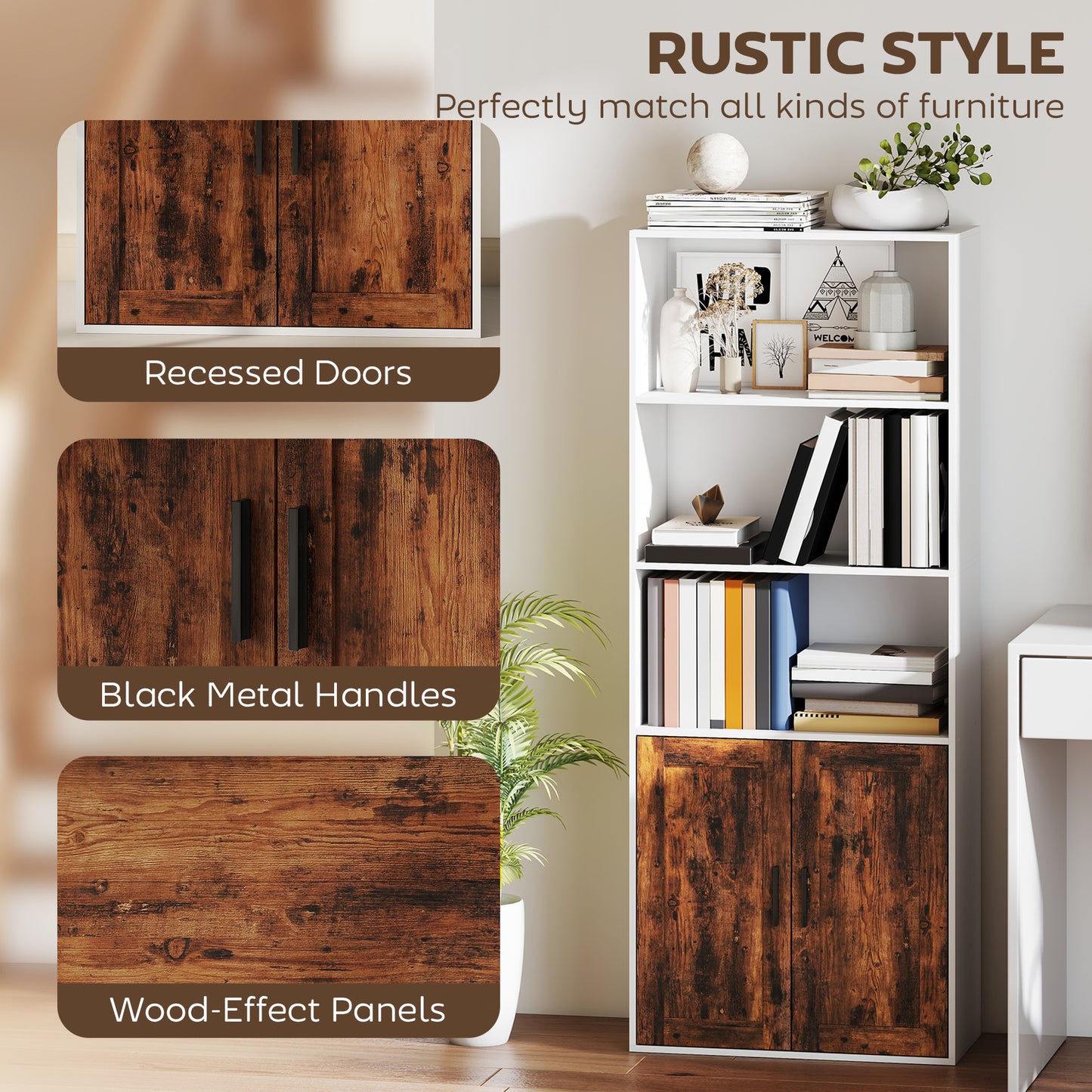 HOMCOM 5-Tier Bookcase with Adjustable Shelf - Rustic Brown