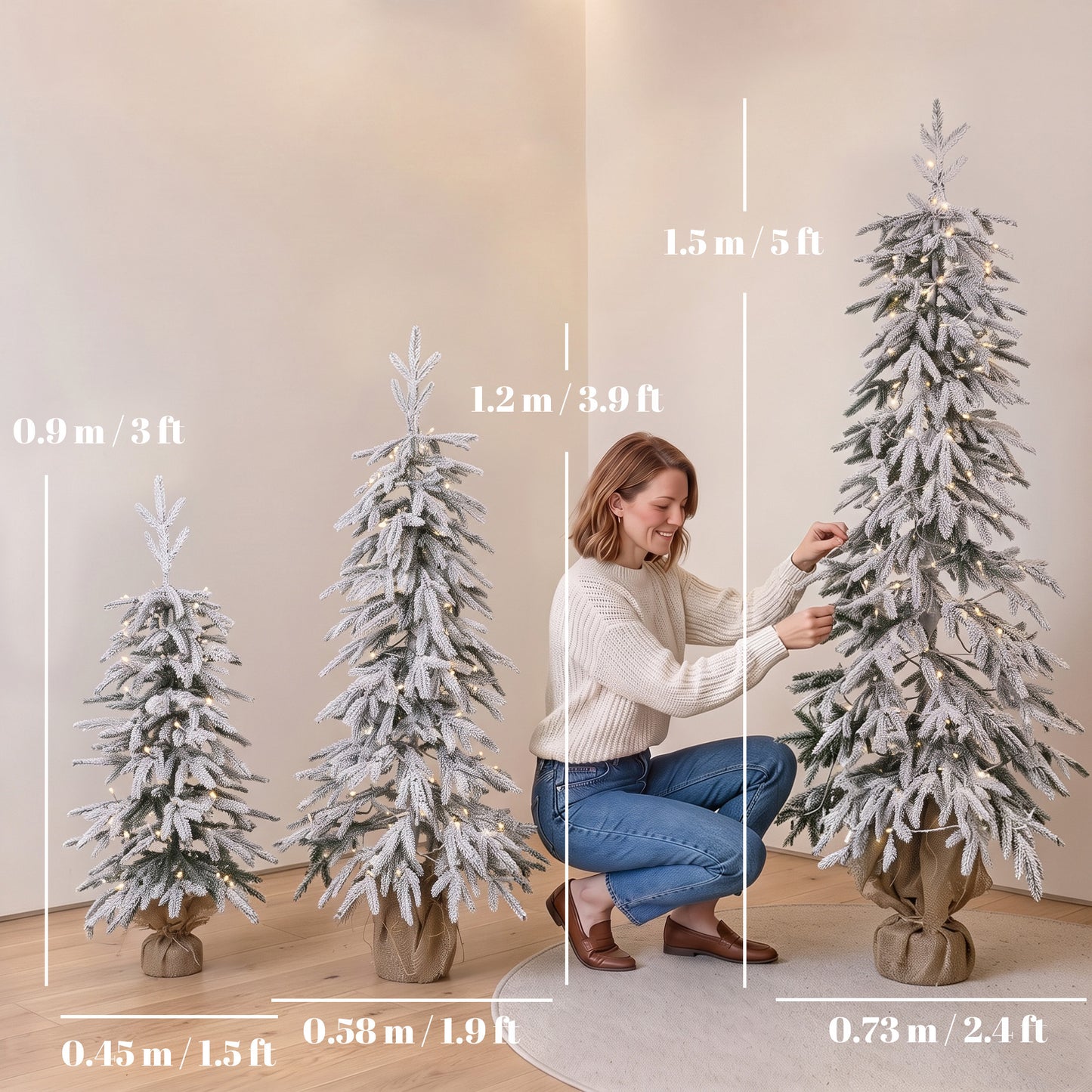 HOMCOM Prelit Flocked Artificial Christmas Tree Set of 3 Snowy Xmas Tree Warm White LED Lights (3FT+4FT+5FT)