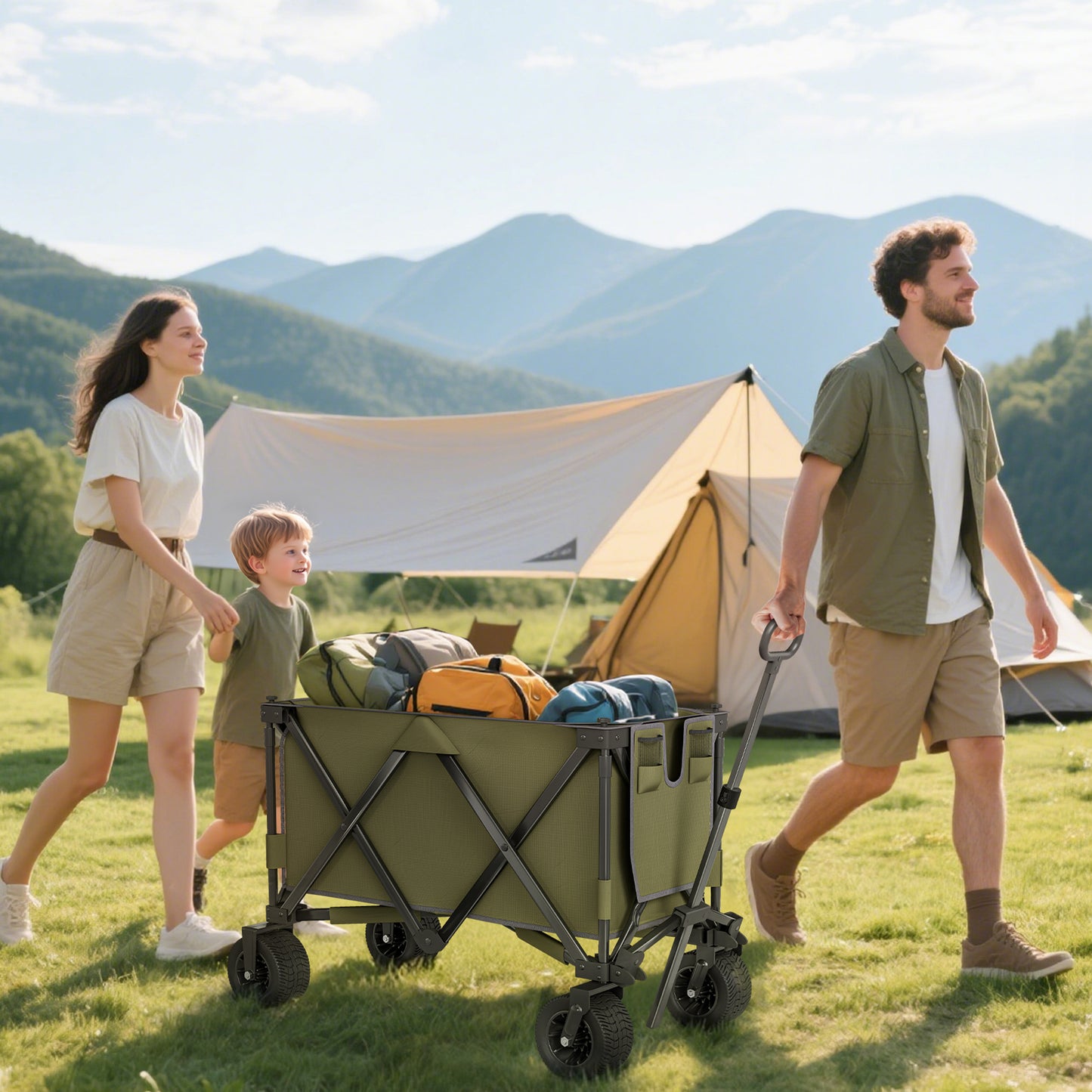 Outsunny Folding Garden Trolley, Cargo Traile on Wheels, Collapsible Camping Trolley, Outdoor Utility Wagon with Steel Frame and Oxford Fabric, Green