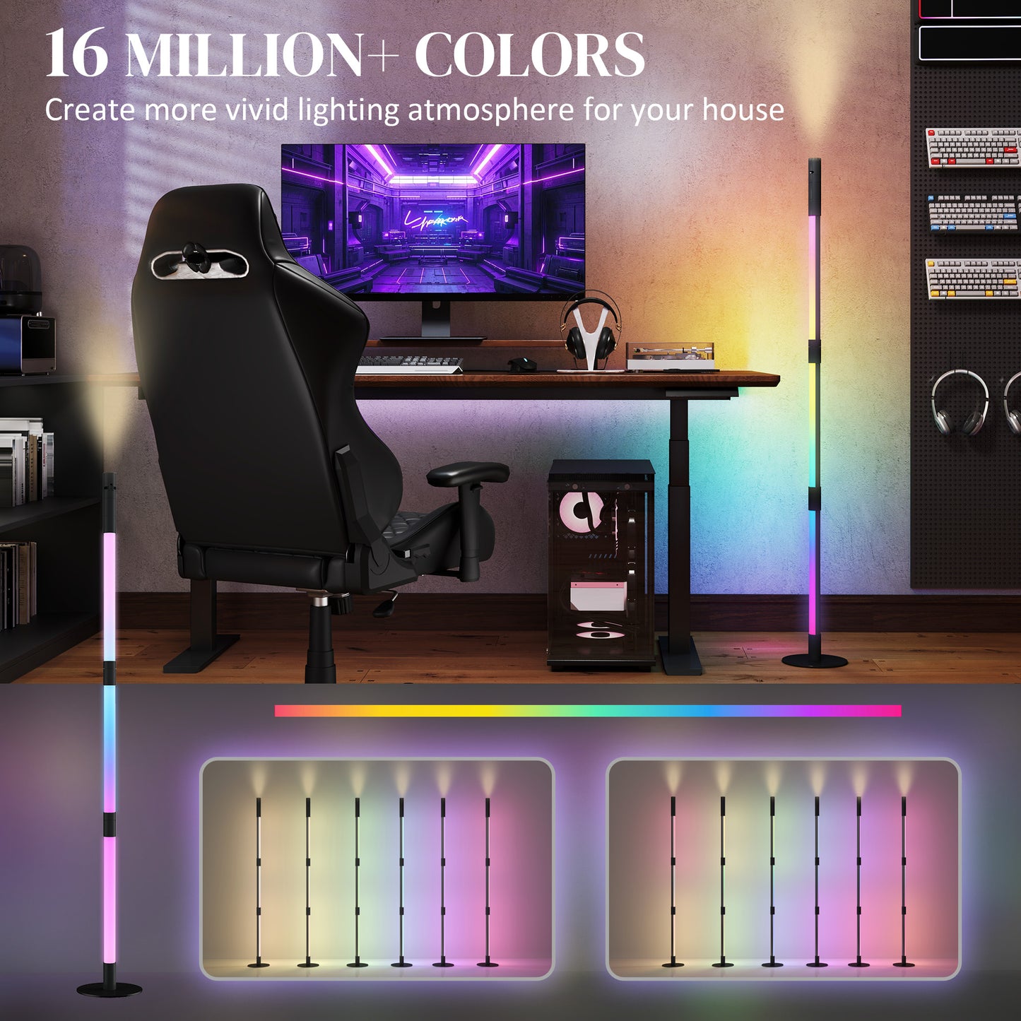 HOMCOM LED Floor Lamp with Reading Light, 360Â° RGB Detachable Corner Floor Lamp with App & Remote Control, Standing Lamp with Music Sync & Timing, for Living Room, Game Room, Dark Grey