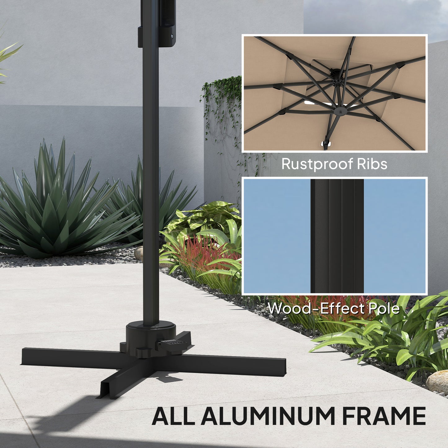 Outsunny 3.7 x 2.7 m Cantilever Parasol w/360° Rotation and Easy Tilt Adjustment, Aluminium Hanging Offset Outdoor Umbrella w/Double Top, Cross Base, UPF50+ Hanging Sun Shade, Black Pole