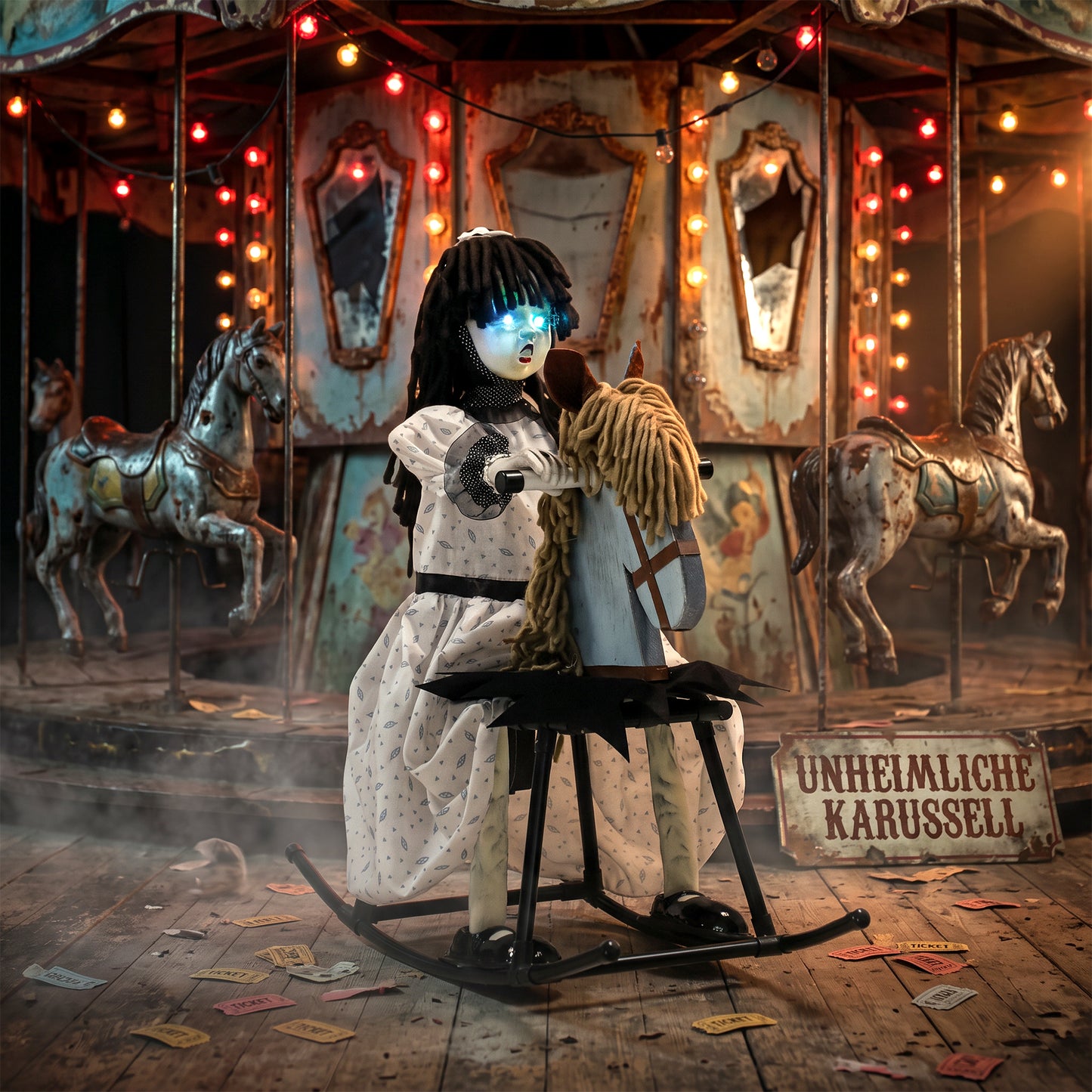 HOMCOM Animated Halloween Girl Riding Horse, Halloween Animatronics with Creepy Rhymes, Glowing Eyes, Sound/Touch Activated