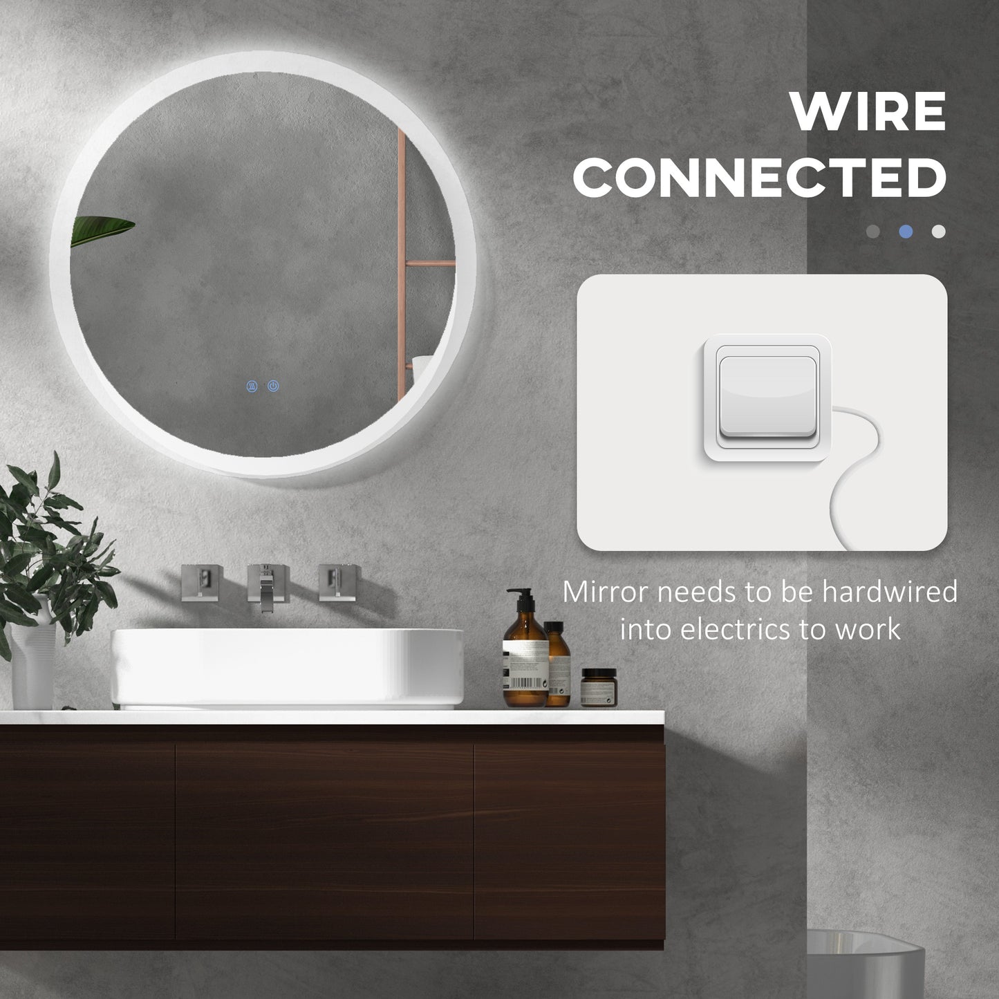 kleankin Round Bathroom Mirror with LED Lights, Wall-Mounted Dimmable Makeup Mirror with 3 Temperature Colours, Defogging Film, Memory Function, Hardwired, 70 x 70Â cm