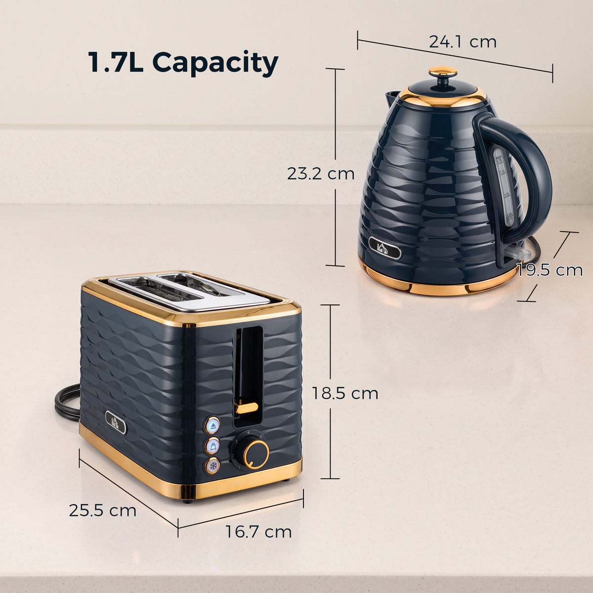 HOMCOM Kettle and Toaster Sets, 3000W 1.7L Rapid Boil Kettle & 2 Slice Toaster with 7 Browning Controls, Defrost, Dark Blue