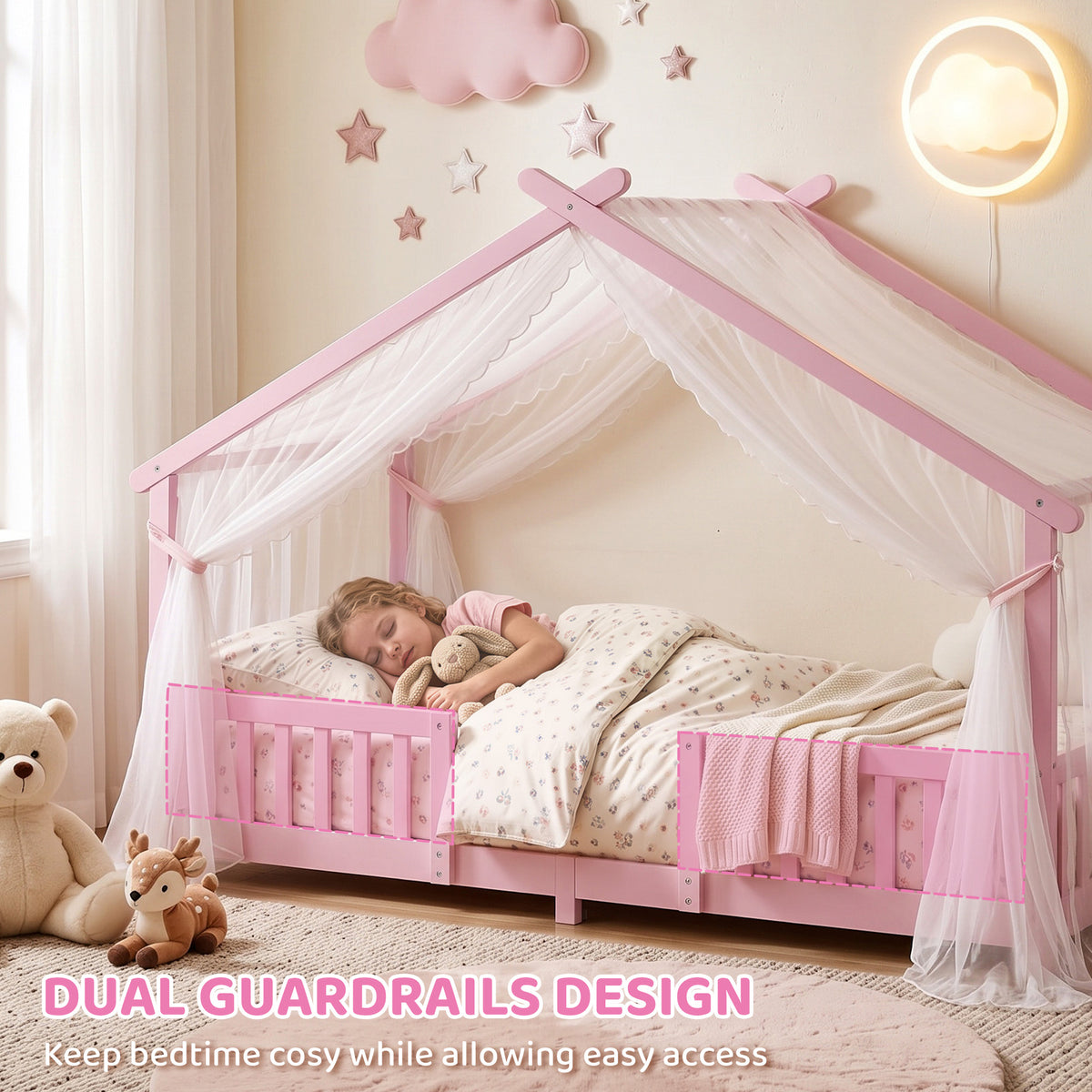 AIYAPLAY Wooden Kids House Single Bed Frame, Solid Pine Wood Toddler Bed with Dual Guardrails for Children, Boys, Girls, Pink