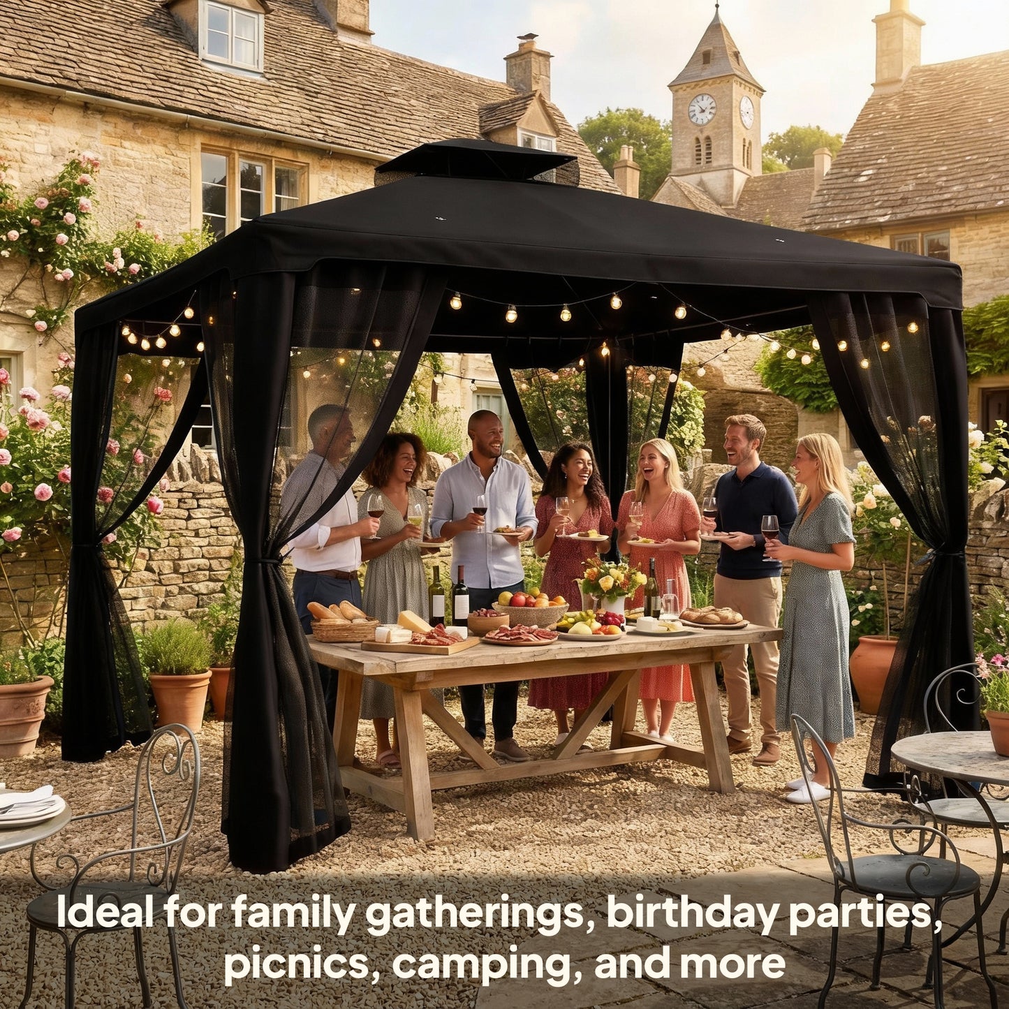 Outsunny 3 x 3 m Metal Gazebo, Garden Pavillion, DoubleÂ Roof Outdoor Canopy Shelter with Mesh Sidewalls, Black