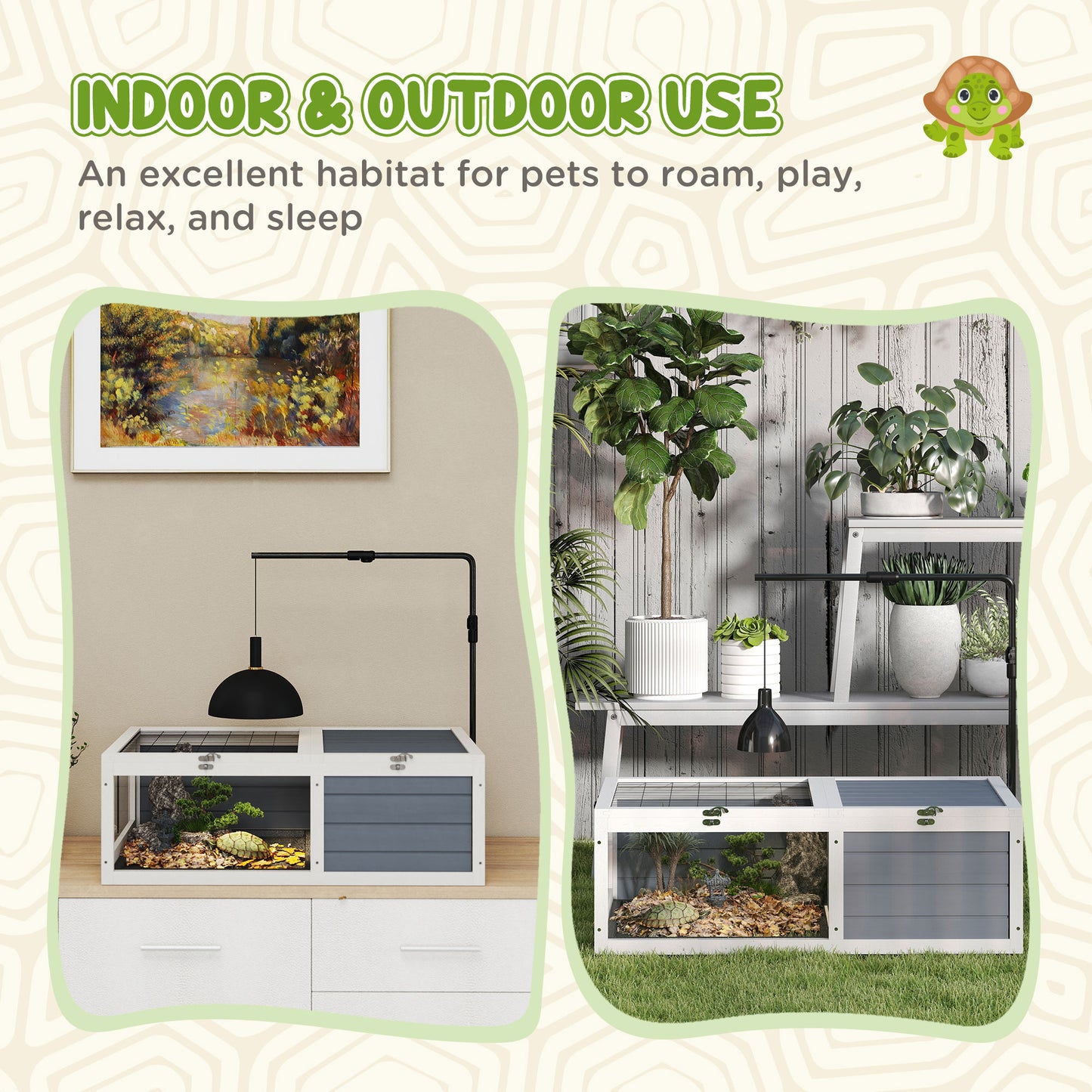 PawHut Tortoise Table with Adjustable Lamp Holder, Wooden Tortoise House w/ Openable Lids, Pull-Out Trays - Grey