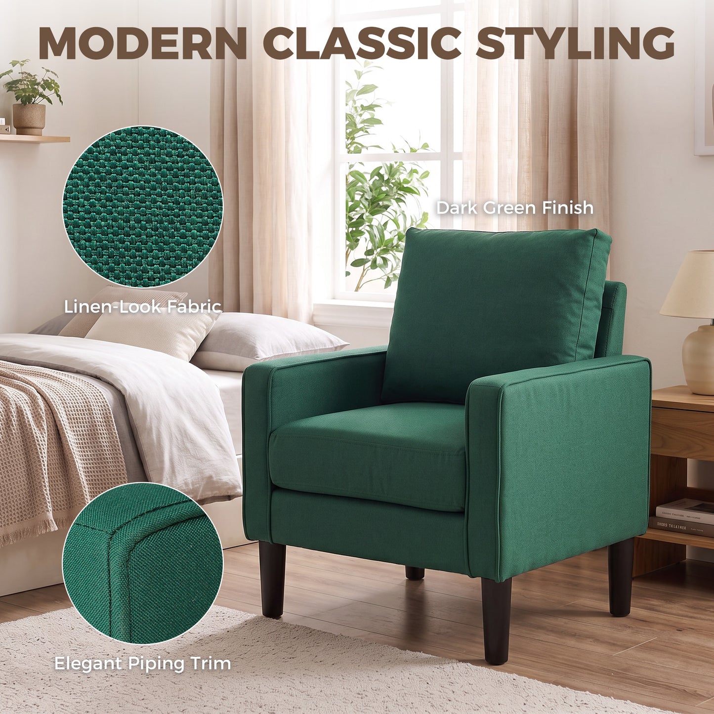 HOMCOM Accent Chair, Removable Pillow Linen Armchair with Comfy Spring Cushion for Living Room, Bedroom, Study, Dark Green