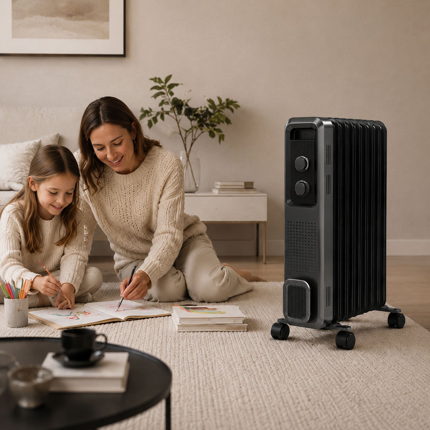 HOMCOM 2000W Oil Filled Radiator, 9 Fin, Portable Electric Heater with 3 Heat Settings, Safety Cut-Off and Wheels, Grey