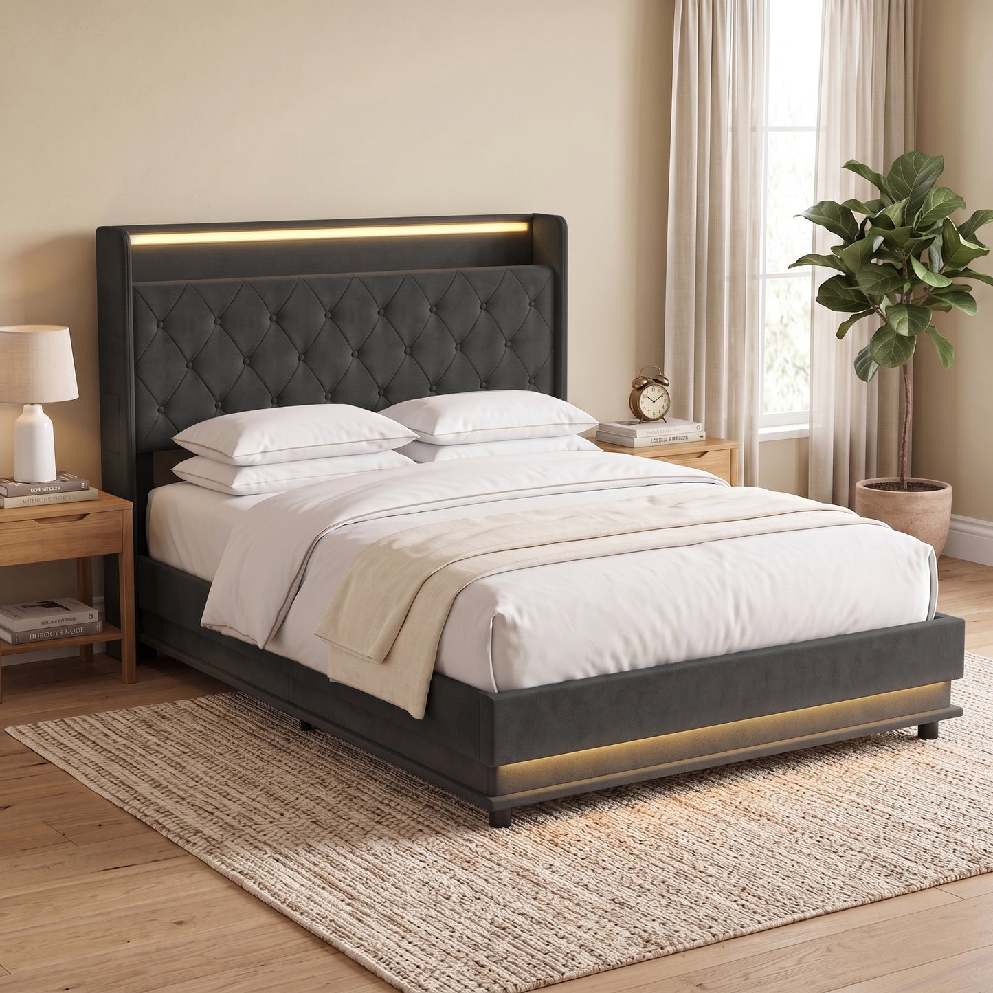 HOMCOM 4ft6 Double Bed Frame with Headboard, Platform Bed Frame with Hydraulic Storage, LED Lights and Charging Station, Black