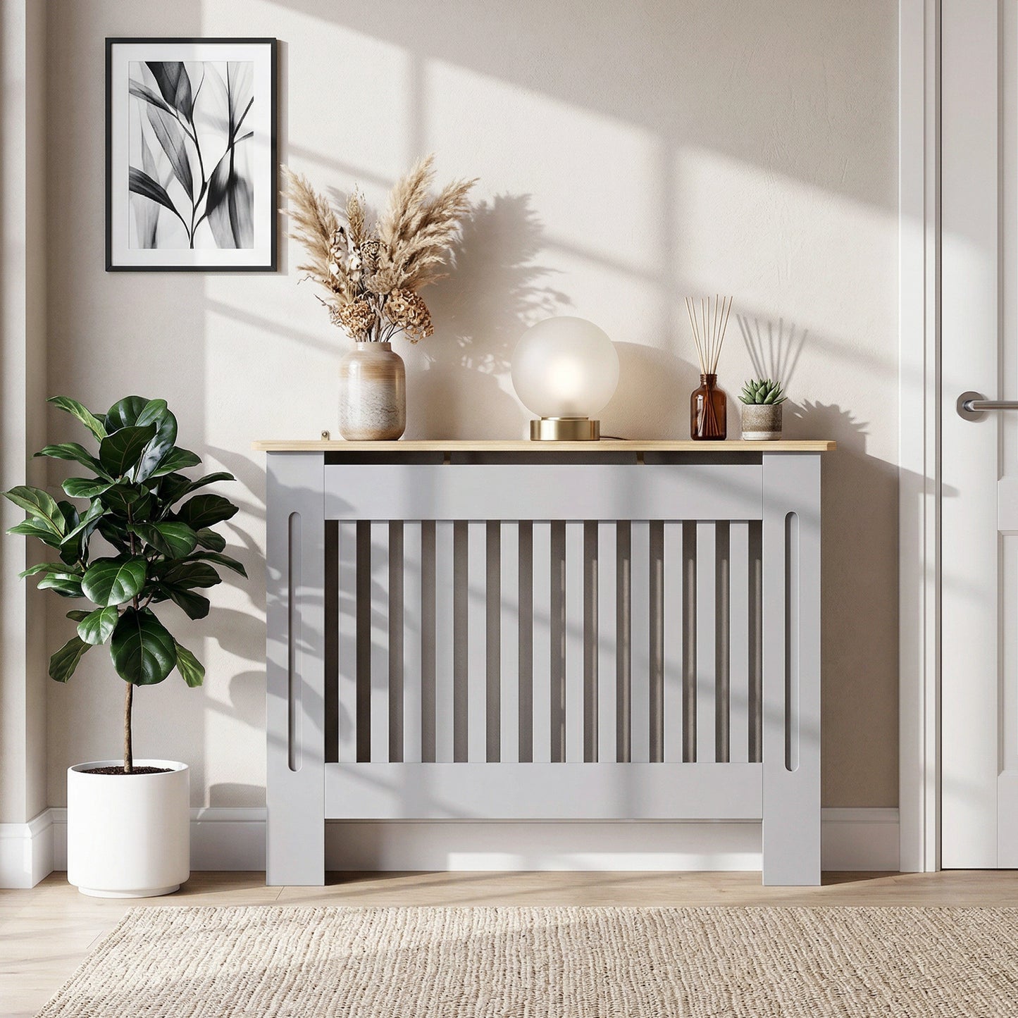 HOMCOM Slatted Radiator Cover, Painted Cabinet with Line Grill Design, 112L Ã— 19W Ã— 81H cm, Grey