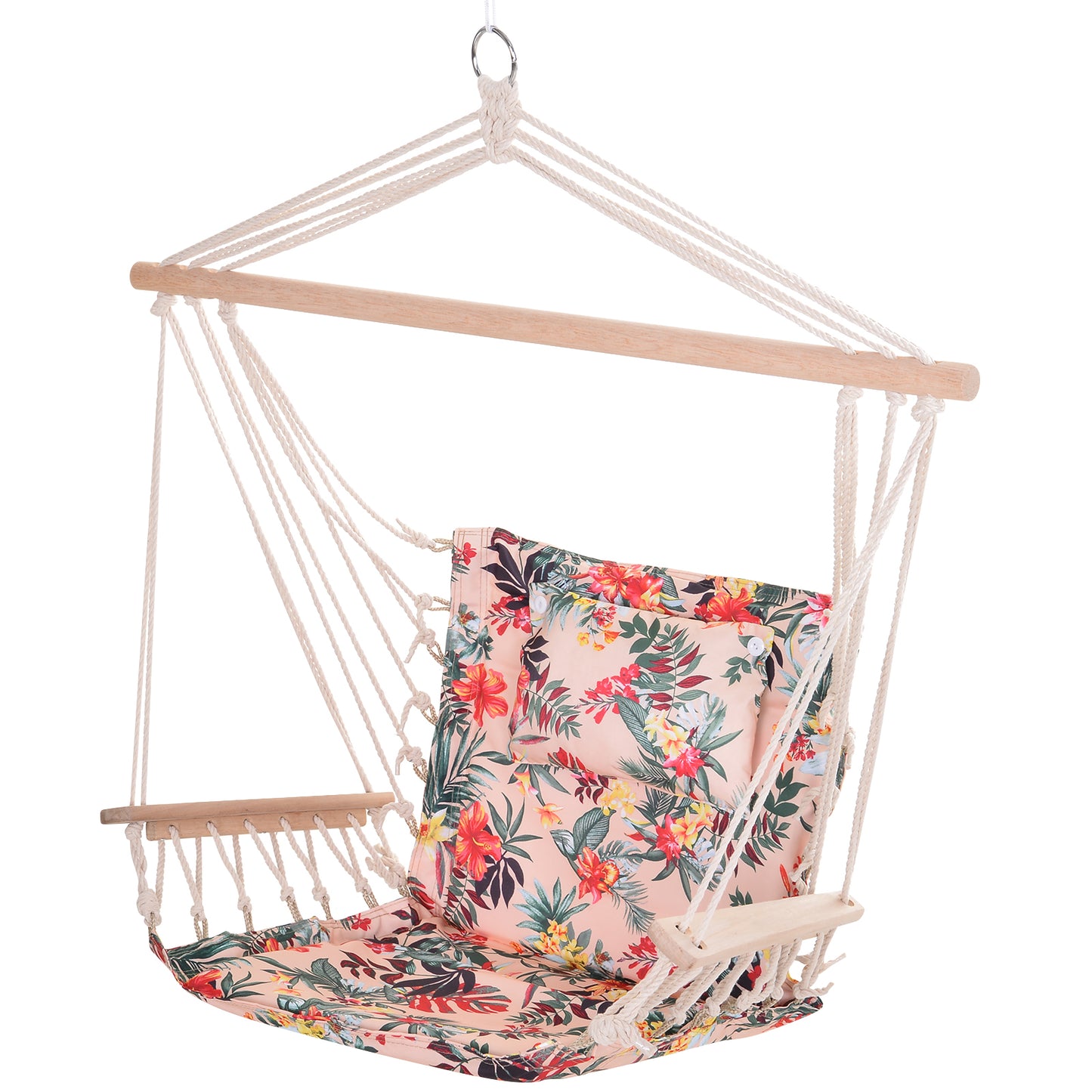 Outsunny Garden Outdoor Hanging Hammock Chair Thick Rope Frame Wooden Arms Safe Garden Outdoor Spot Stylish Multicoloured floral