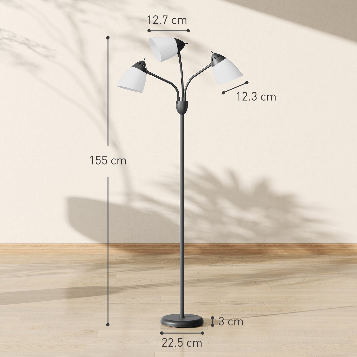 HOMCOM Arc Tree Floor Lamp with 3 Adjustable Rotating Lights and 3000K/4500K/6500K Colour Temperatures, Industrial Standing Lamp with Steel Frame for Bedroom Living Room, 155cm, Black