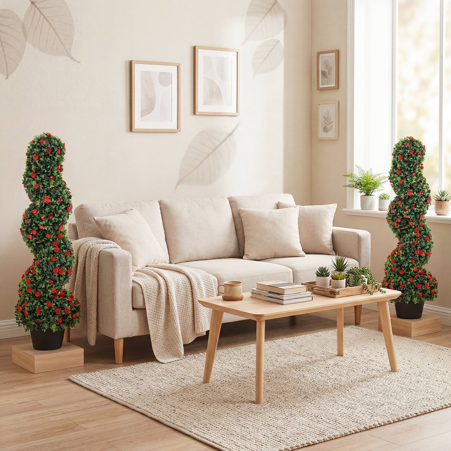 HOMCOM Decorative Artificial Plants Set of 2, UV Resistant Fake Plants in Pot for Indoor Outdoor Decor, 90cm, Red