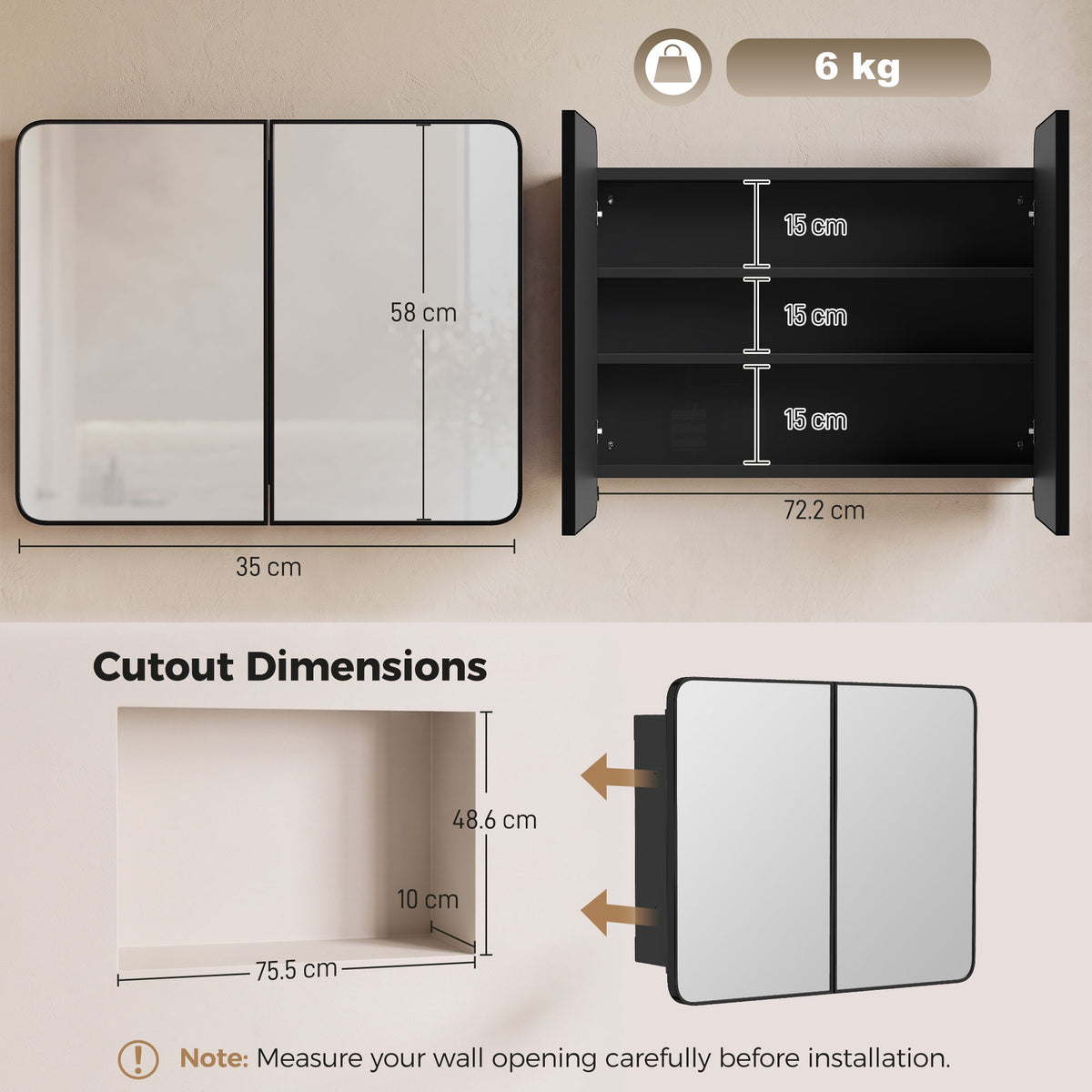 HOMCOM 76.2 x 11.6 x 61 cm Bathroom Mirror Cabinet, Wall Cabinet with Adjustable Shelves, Wall-Mounted or Recessed, Black