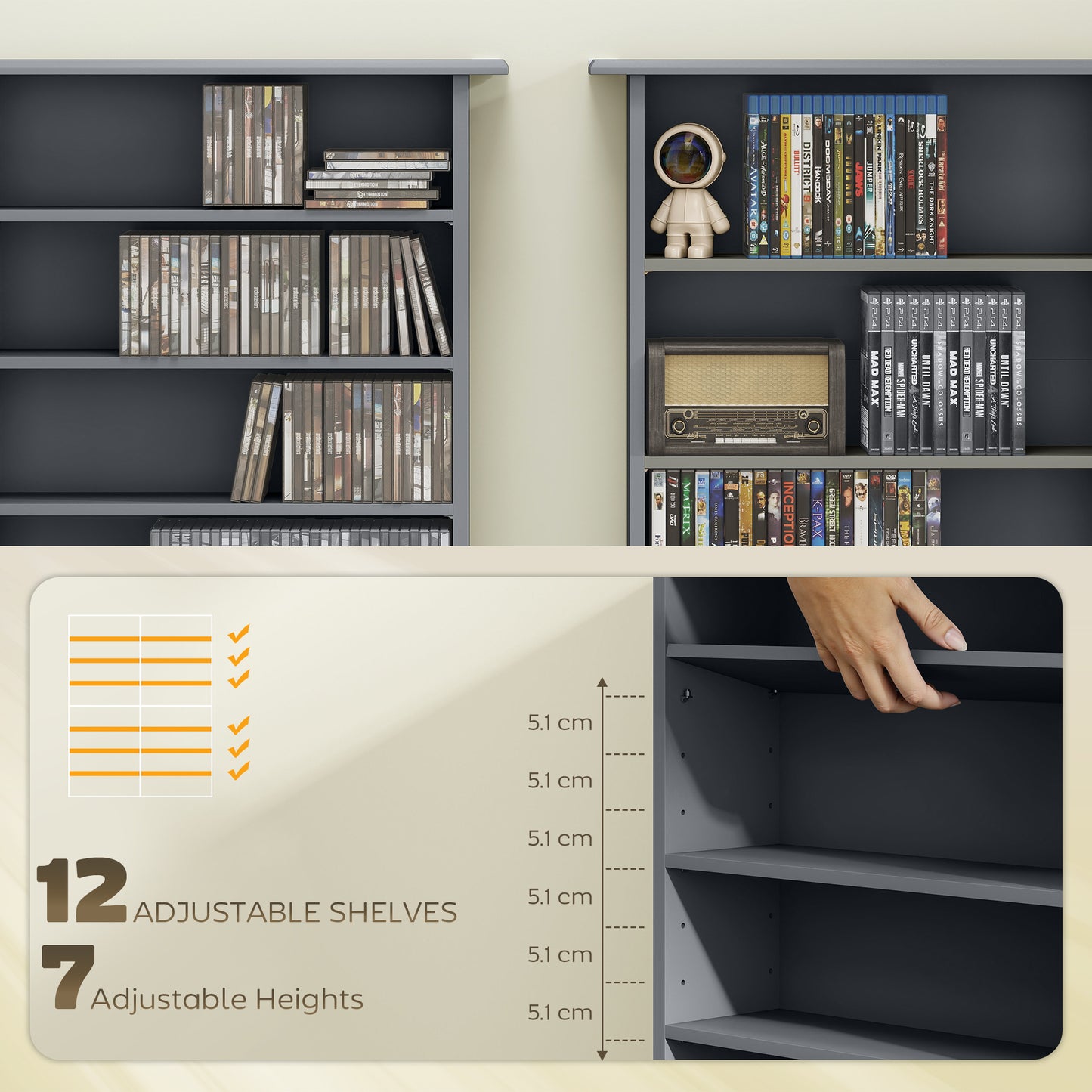 HOMCOM 16-Compartment Media Shelf - Grey