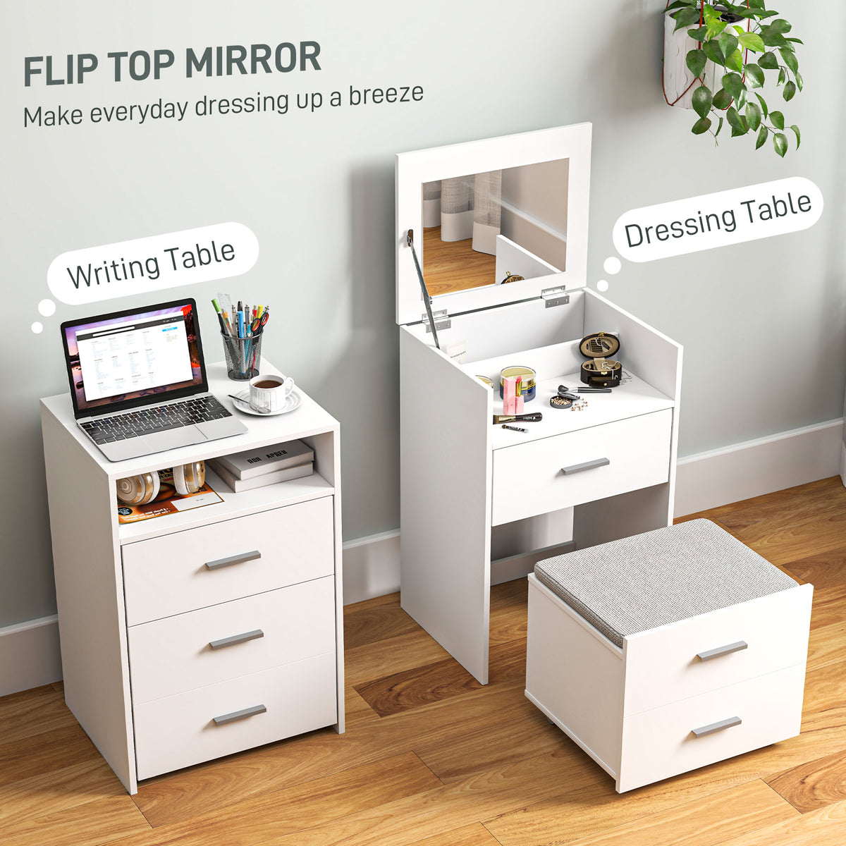HOMCOM Vanity Desk with Mirror, Modern Dressing Table and Stool w/2 Drawers, Wheels, Flip-Up Mirror, Shelf, White