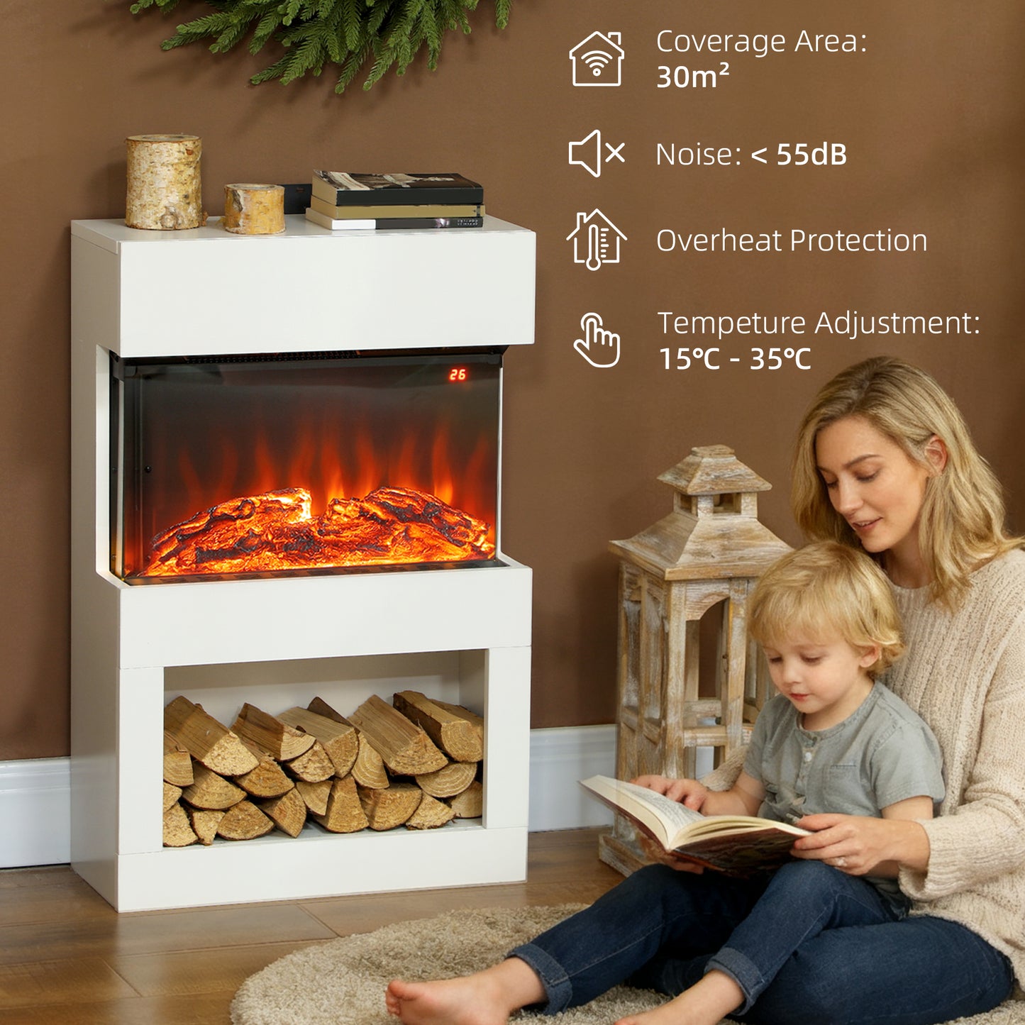 HOMCOM 19" Electric Fireplace with Surround, 3D Flame Effect, 6 Colours & 3 Brightness Levels, 1000W/2000W White Electric Fire and Mantel Reach up to 30ãŽ¡ Space with Remote & Timer, 3 Sided View