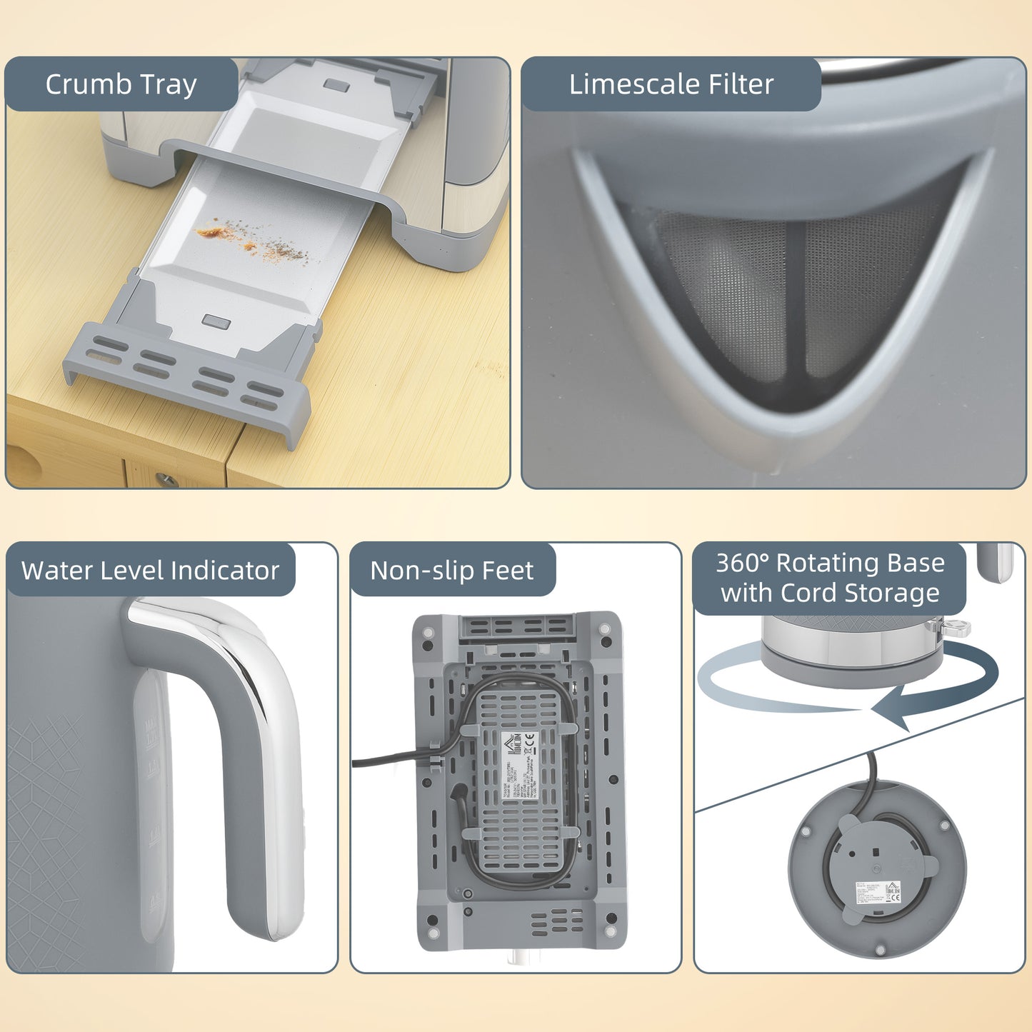 HOMCOM Sleek Textured Kettle and Toaster Set - Grey